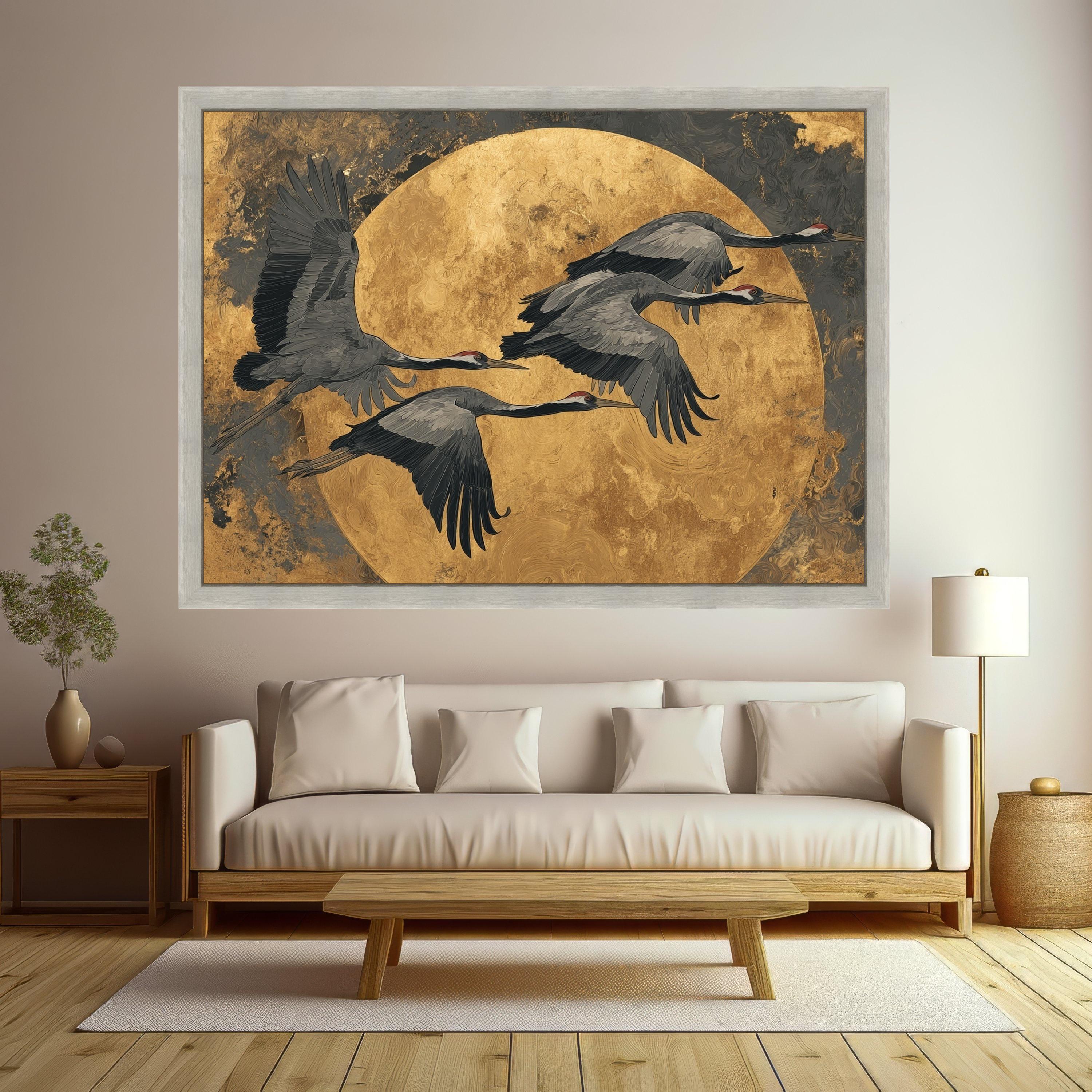 Flying Cranes Canvas Wall Art, Golden Moon Background, Elegant Bird Illustration, Contemporary Nature Canvas, Home Decor Wall Design