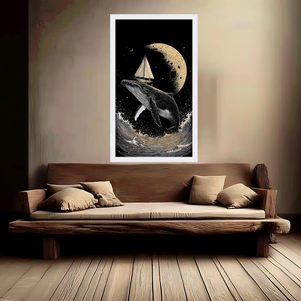 Surreal Whale with Sailboat Canvas, Moonlit Ocean Scene, Nautical Wall Art, Night Sea Adventure Canvas, Fantasy Marine Decor