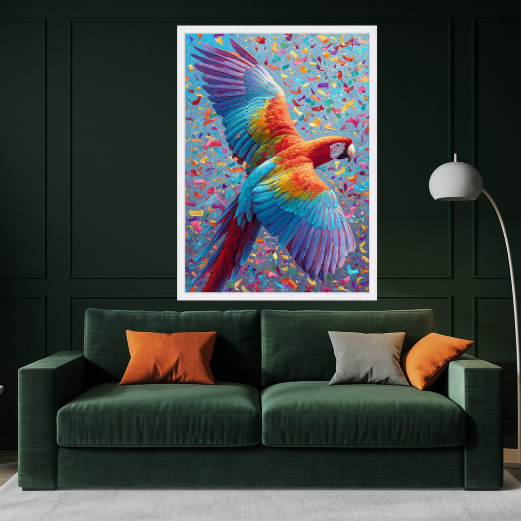 Vibrant Macaw in Flight Canvas, Colorful Tropical Bird Wall Art, Exotic Wildlife Decoration, Bright Nature Scene Canvas