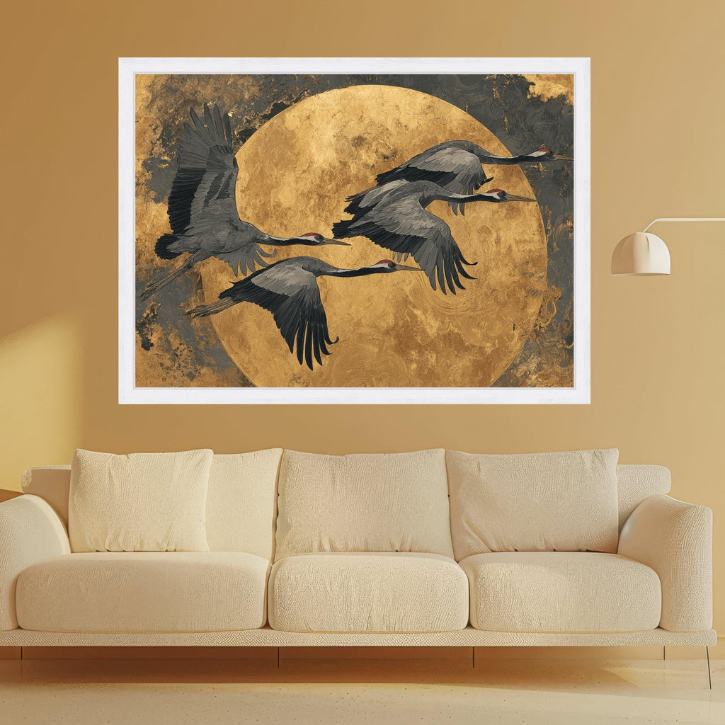 Flying Cranes Canvas Wall Art, Golden Moon Background, Elegant Bird Illustration, Contemporary Nature Canvas, Home Decor Wall Design