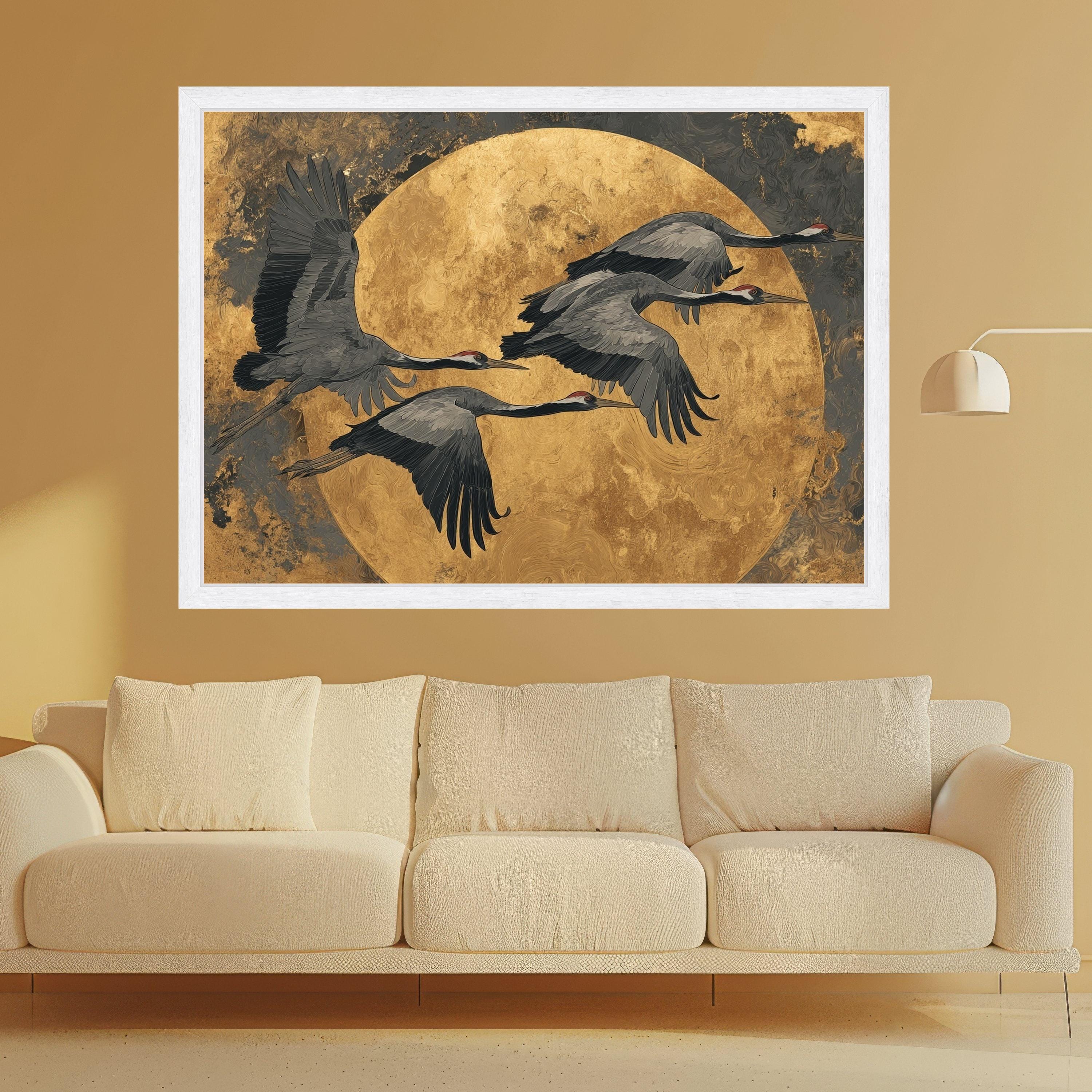 Flying Cranes Canvas Wall Art, Golden Moon Background, Elegant Bird Illustration, Contemporary Nature Canvas, Home Decor Wall Design