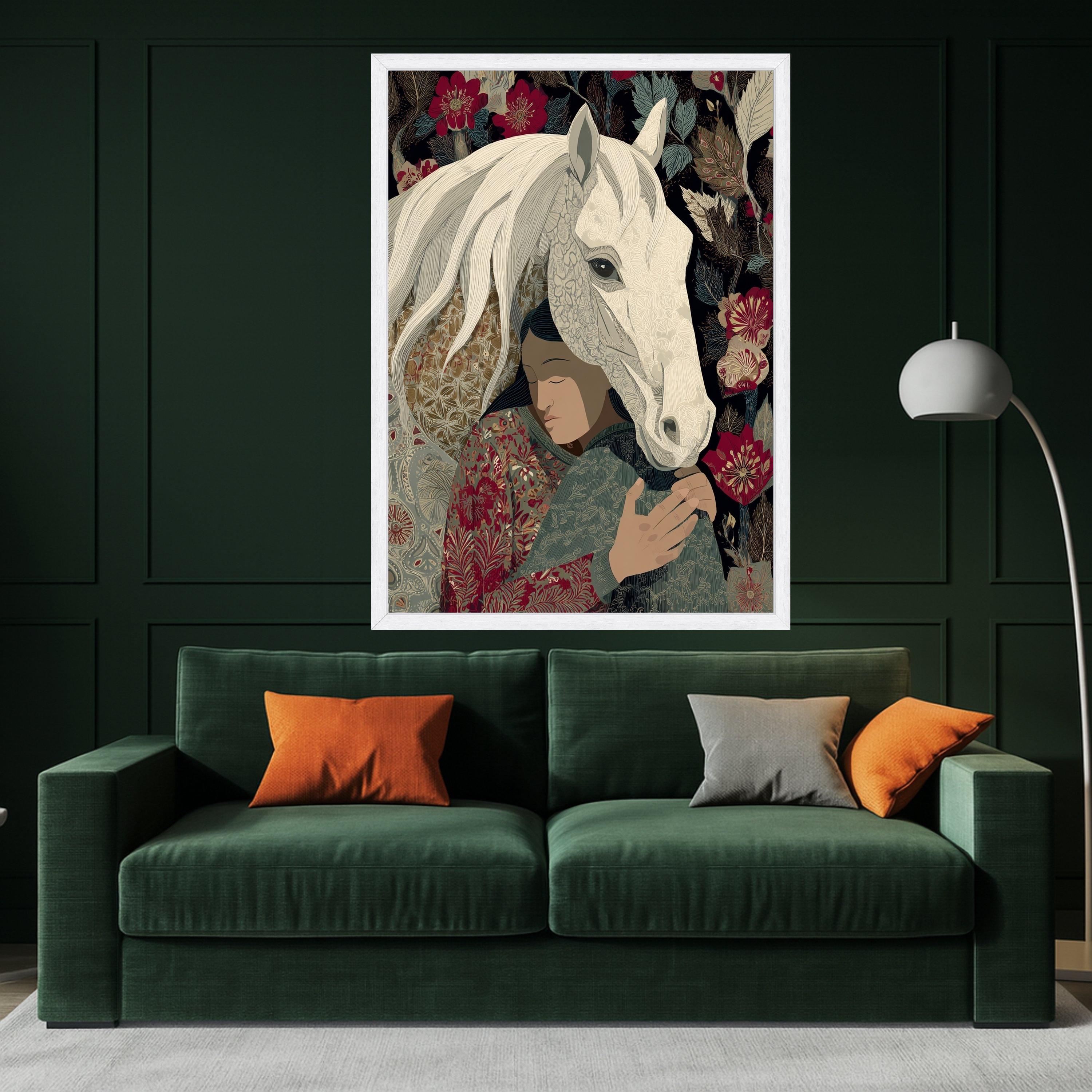 Embrace of Serenity Canvas, Woman with White Horse Wall Art, Floral Patterned Home Decoration, Boho Style Canvas, Calm Nature Scene