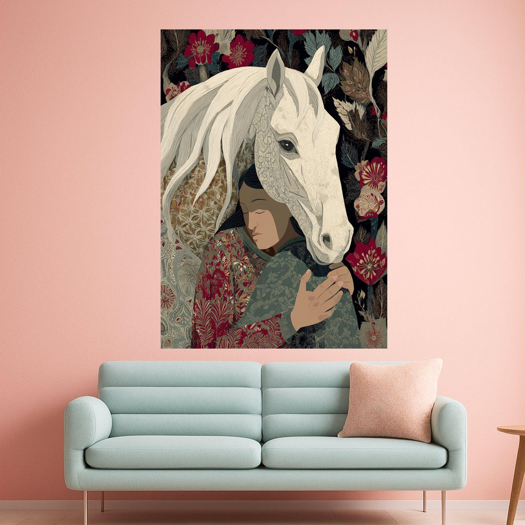 Embrace of Serenity Canvas, Woman with White Horse Wall Art, Floral Patterned Home Decoration, Boho Style Canvas, Calm Nature Scene