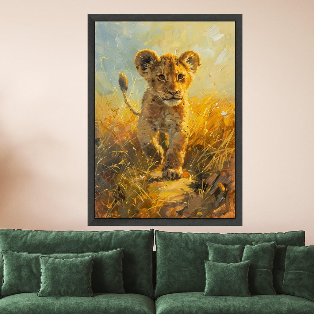 Curious Lion Cub Canvas Wall Art, Wildlife Animal Painting, Safari Nursery Decor, African Nature Canvas, Kids Room Wall Hanging
