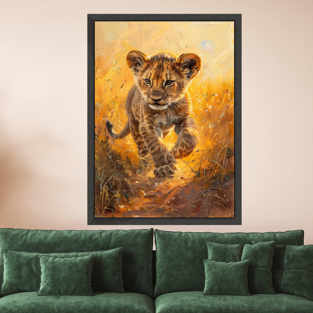 Playful Lion Cub Canvas, Wild Animal Portrait, Safari Nursery Wall Art, Golden Sunset Animal Canvas, Kids Room Decoration