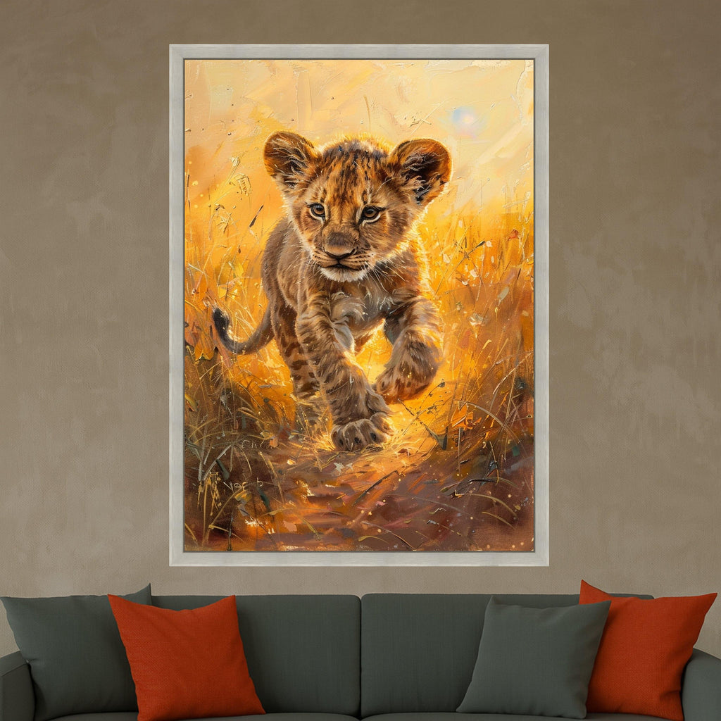 Playful Lion Cub Canvas, Wild Animal Portrait, Safari Nursery Wall Art, Golden Sunset Animal Canvas, Kids Room Decoration
