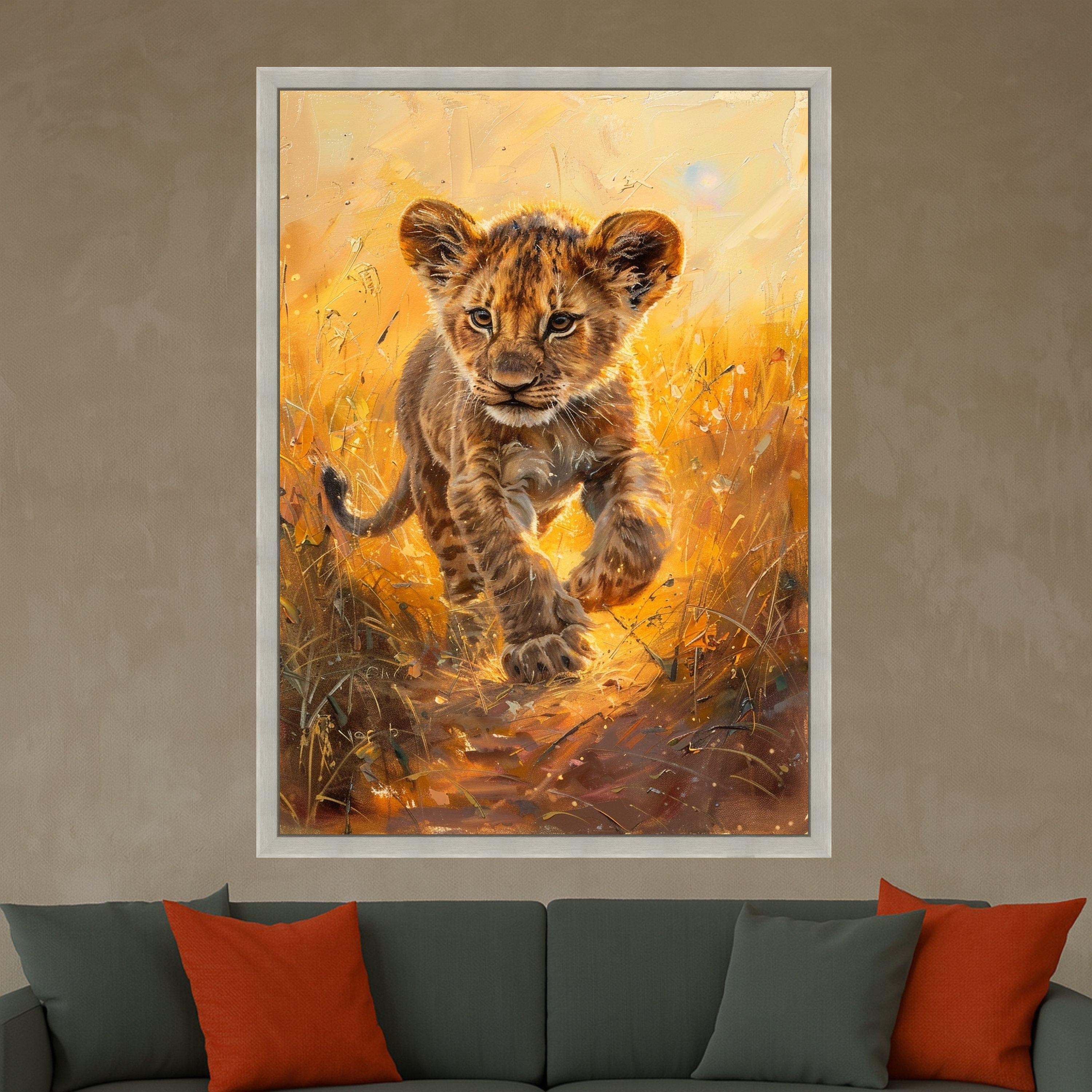 Playful Lion Cub Canvas, Wild Animal Portrait, Safari Nursery Wall Art, Golden Sunset Animal Canvas, Kids Room Decoration