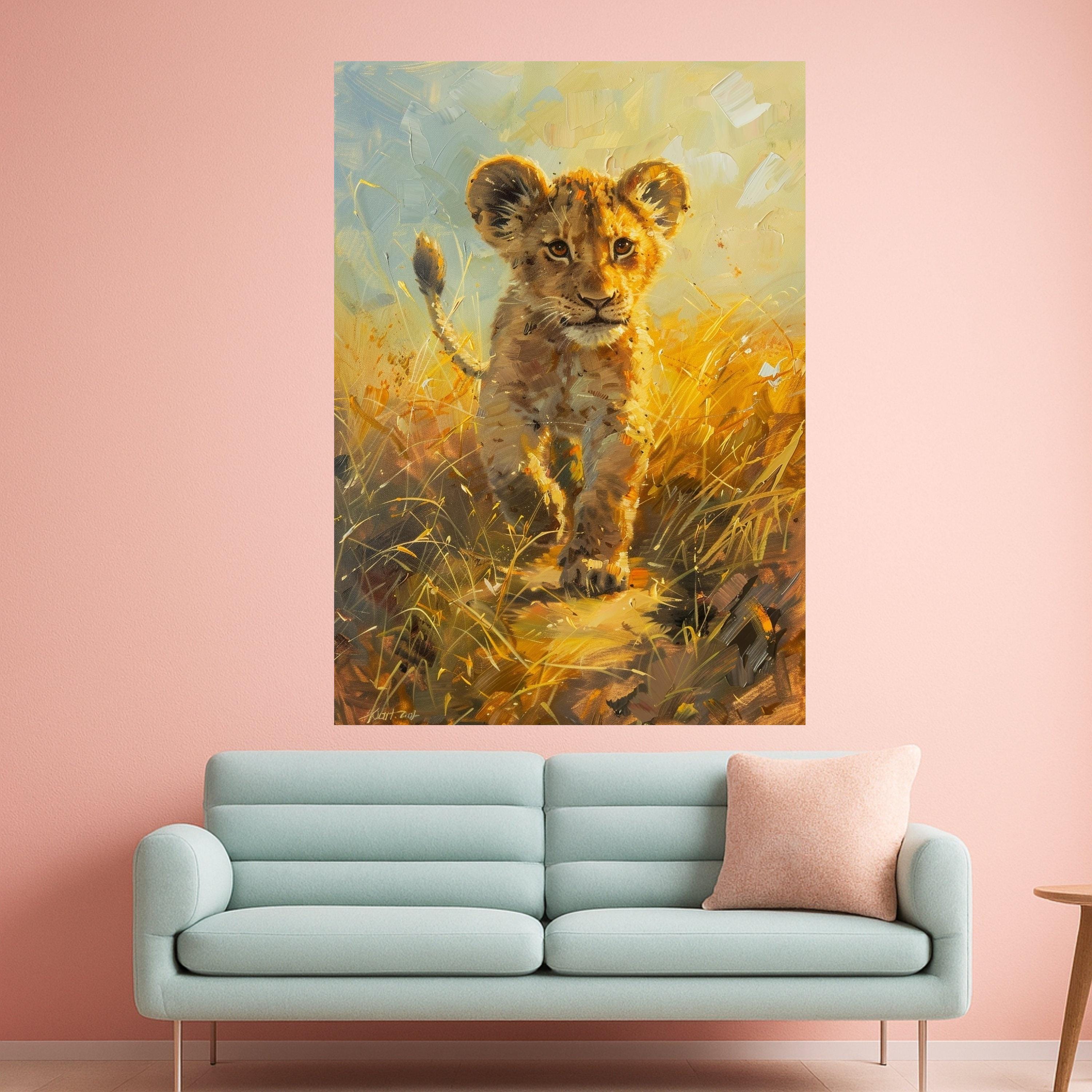 Curious Lion Cub Canvas Wall Art, Wildlife Animal Painting, Safari Nursery Decor, African Nature Canvas, Kids Room Wall Hanging