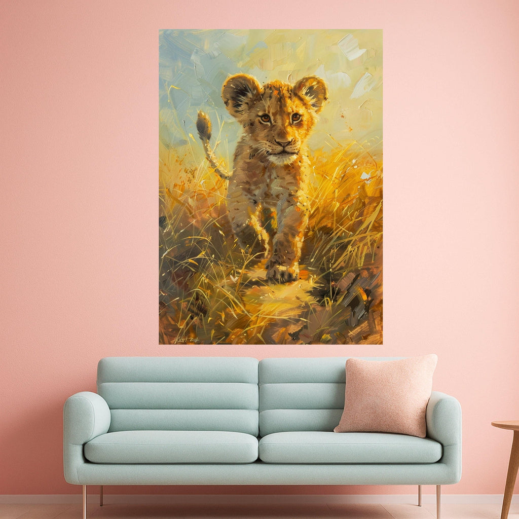 Curious Lion Cub Canvas Wall Art, Wildlife Animal Painting, Safari Nursery Decor, African Nature Canvas, Kids Room Wall Hanging