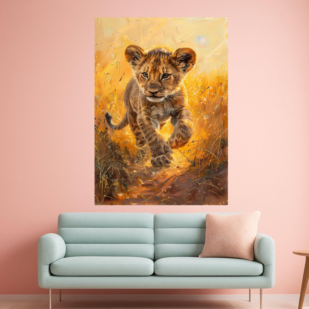 Playful Lion Cub Canvas, Wild Animal Portrait, Safari Nursery Wall Art, Golden Sunset Animal Canvas, Kids Room Decoration