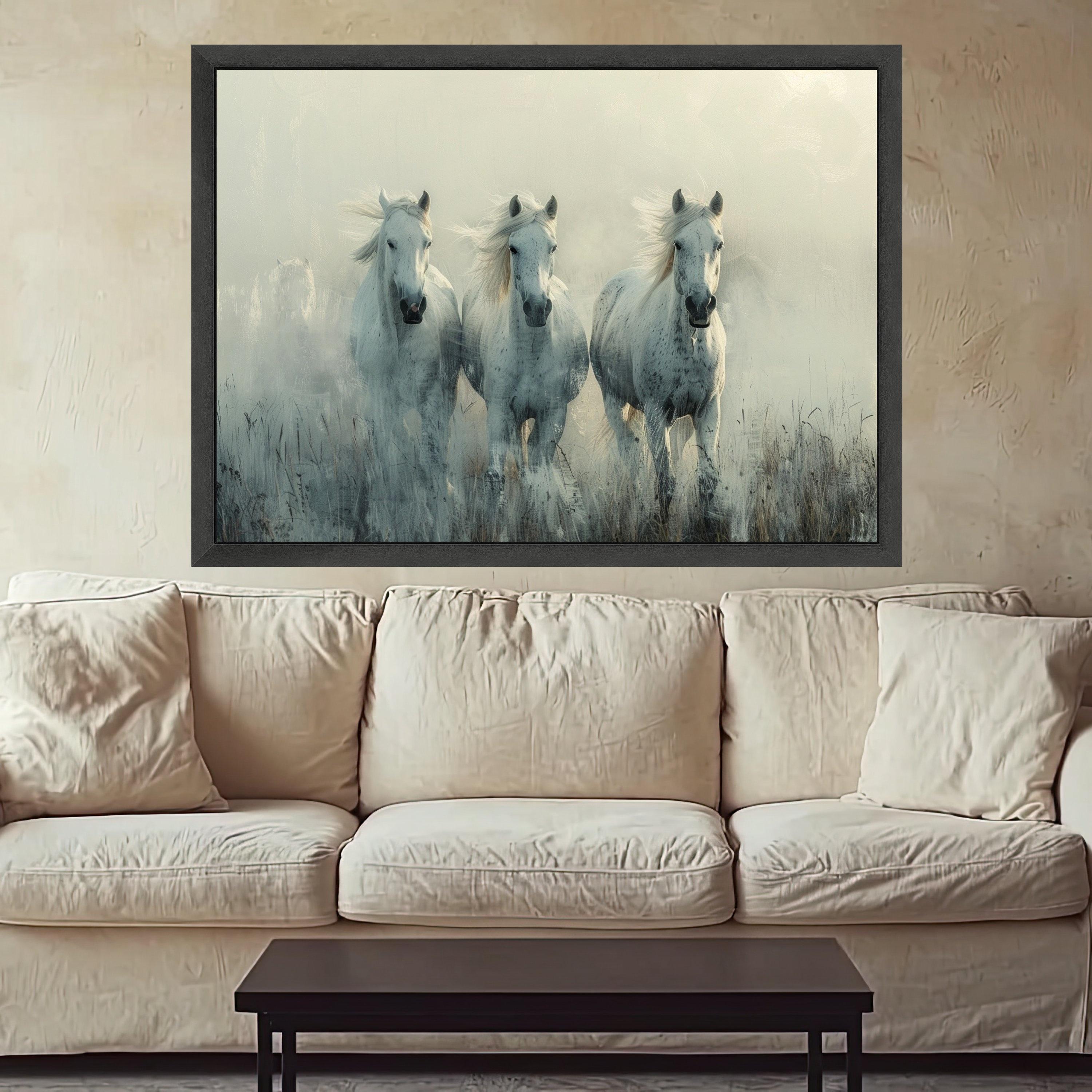 Majestic White Horses Running Canvas, Misty Morning Landscape Wall Art, Equestrian Nature Scene, Farm Animal Decorative Canvas