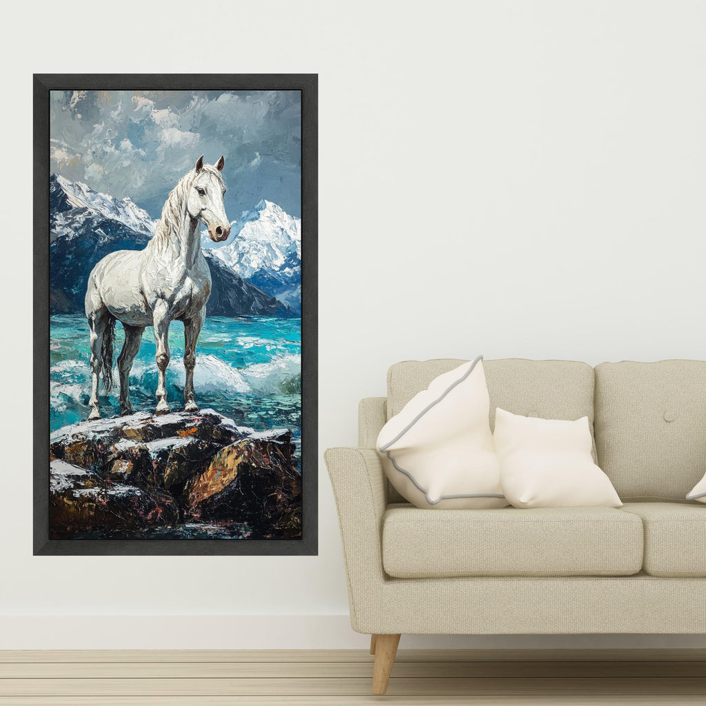Majestic White Horse Canvas, Mountain Landscape Wall Art, Nature Scene Canvas, Serene Water and Snowy Peaks, Rustic Home Decor Print
