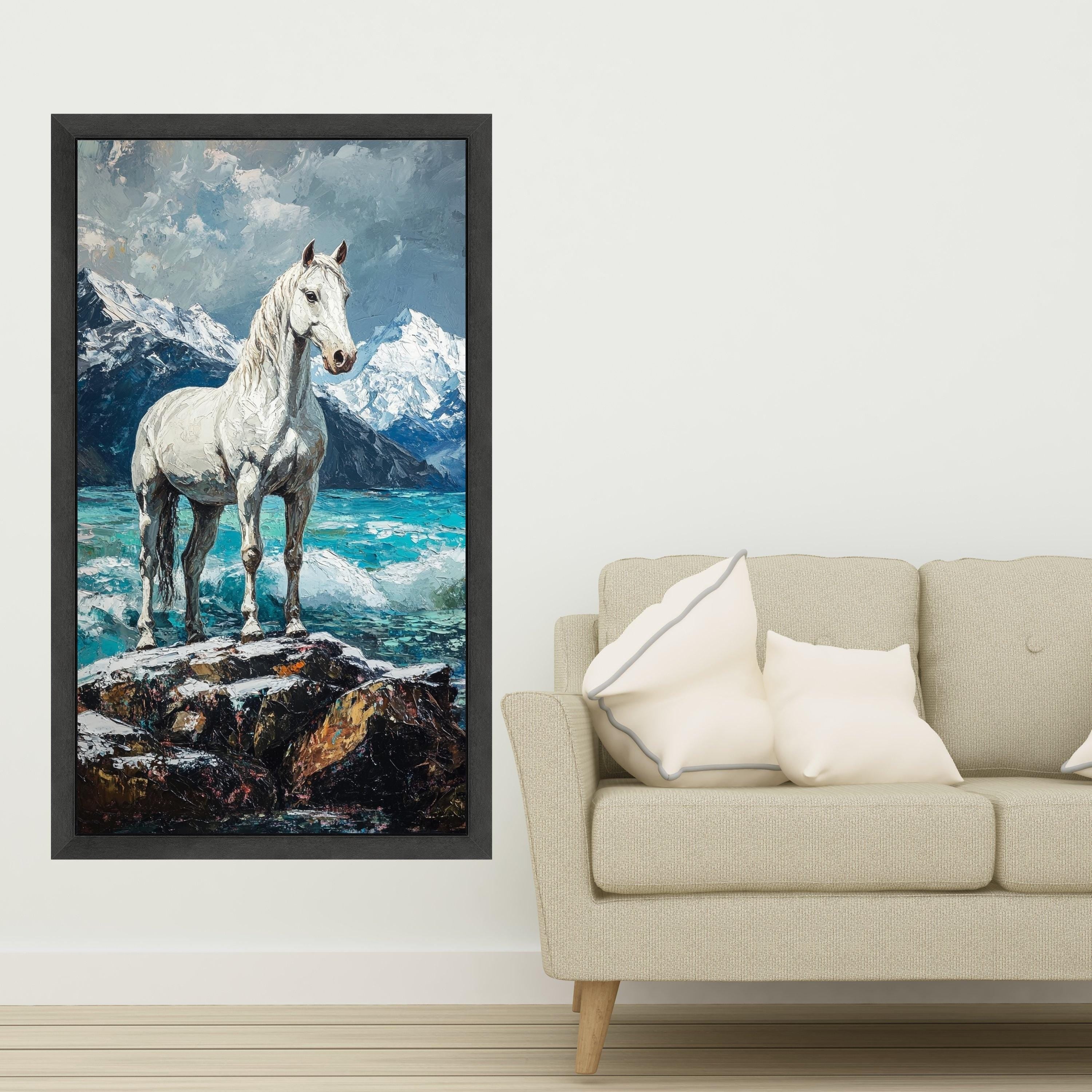 Majestic White Horse Canvas, Mountain Landscape Wall Art, Nature Scene Canvas, Serene Water and Snowy Peaks, Rustic Home Decor Print