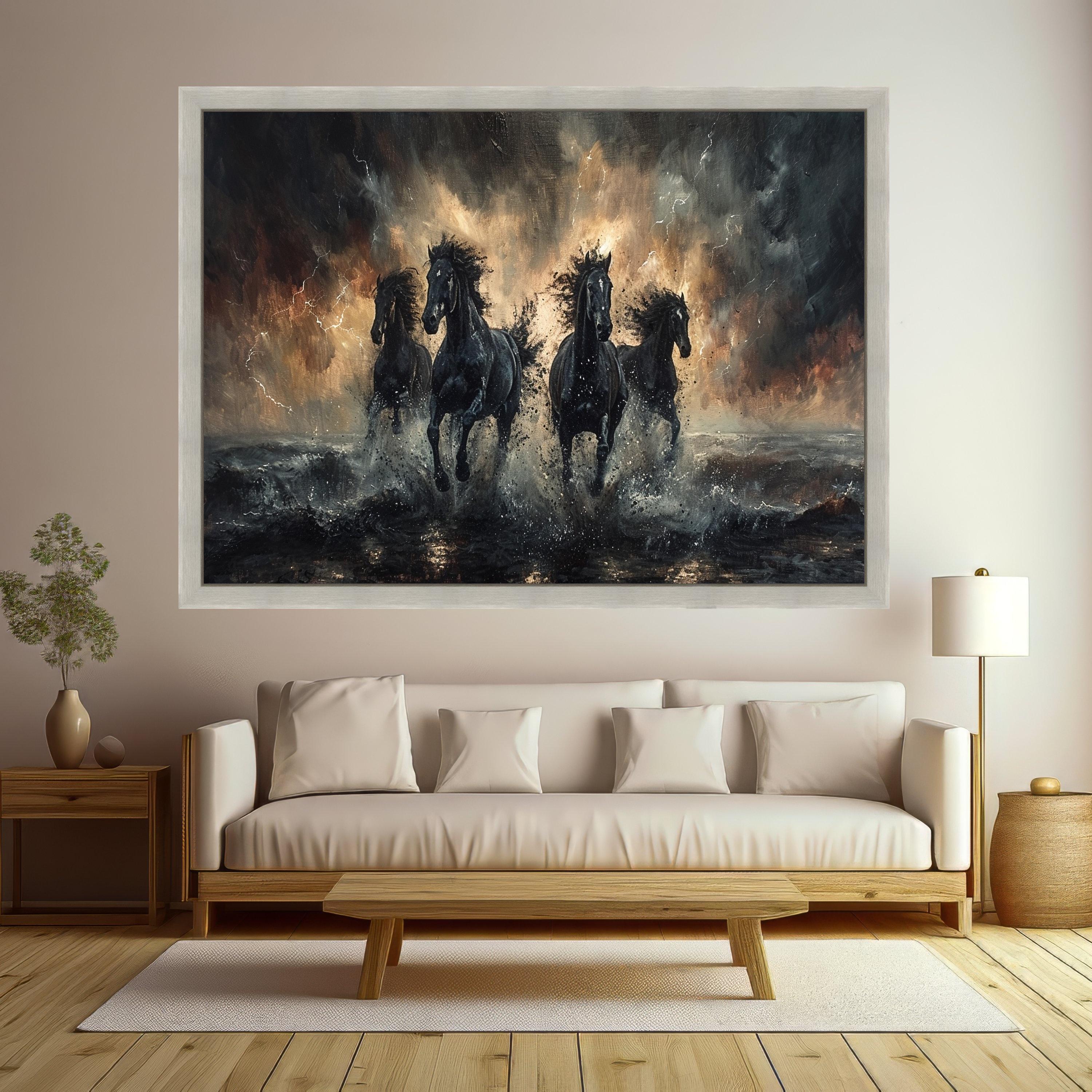 Powerful Black Horses Running Canvas, Stormy Sea Splash Wall Art, Dynamic Animal Canvas, Home Decor Equestrian Design