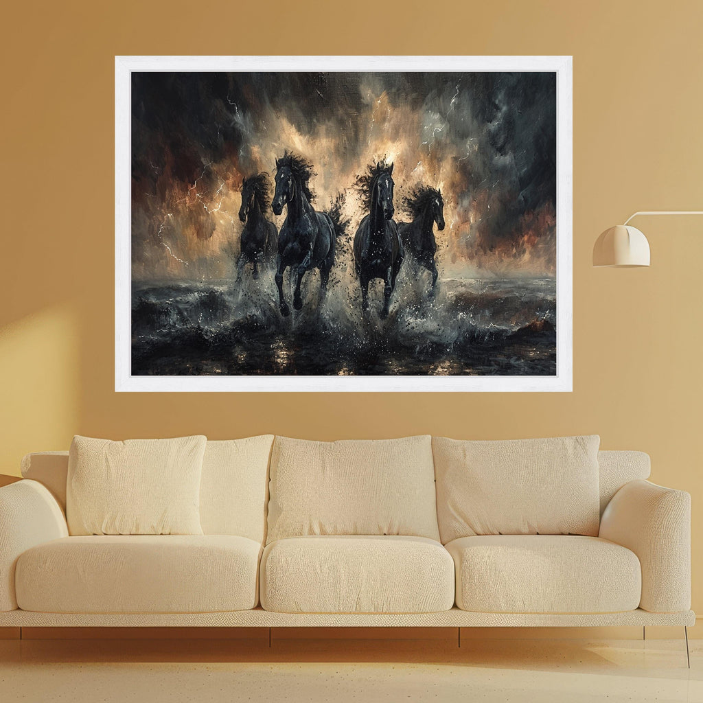 Powerful Black Horses Running Canvas, Stormy Sea Splash Wall Art, Dynamic Animal Canvas, Home Decor Equestrian Design