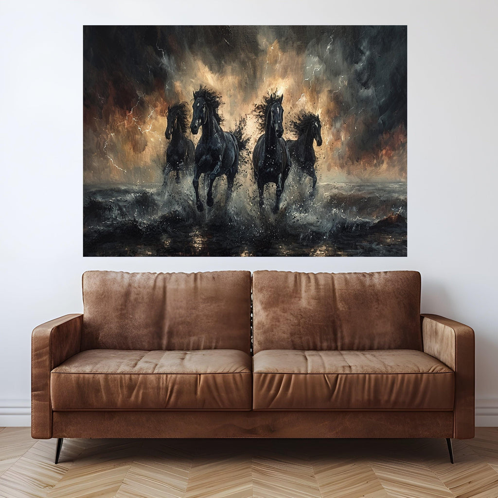 Powerful Black Horses Running Canvas, Stormy Sea Splash Wall Art, Dynamic Animal Canvas, Home Decor Equestrian Design