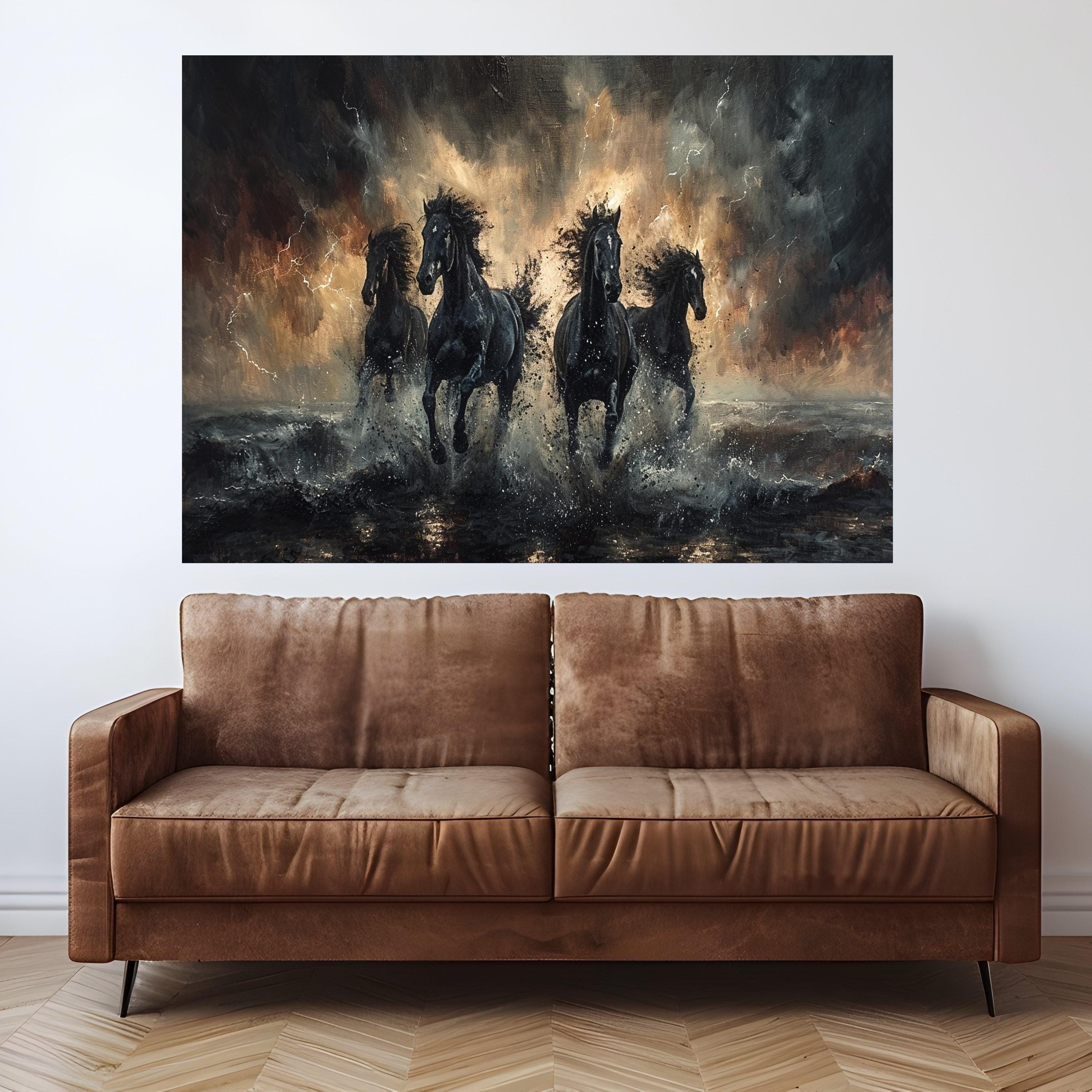 Powerful Black Horses Running Canvas, Stormy Sea Splash Wall Art, Dynamic Animal Canvas, Home Decor Equestrian Design