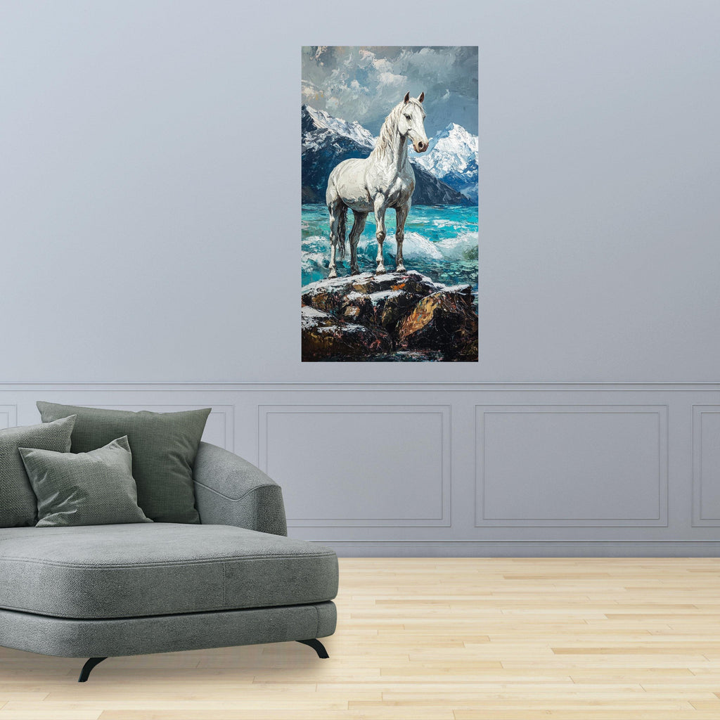 Majestic White Horse Canvas, Mountain Landscape Wall Art, Nature Scene Canvas, Serene Water and Snowy Peaks, Rustic Home Decor Print