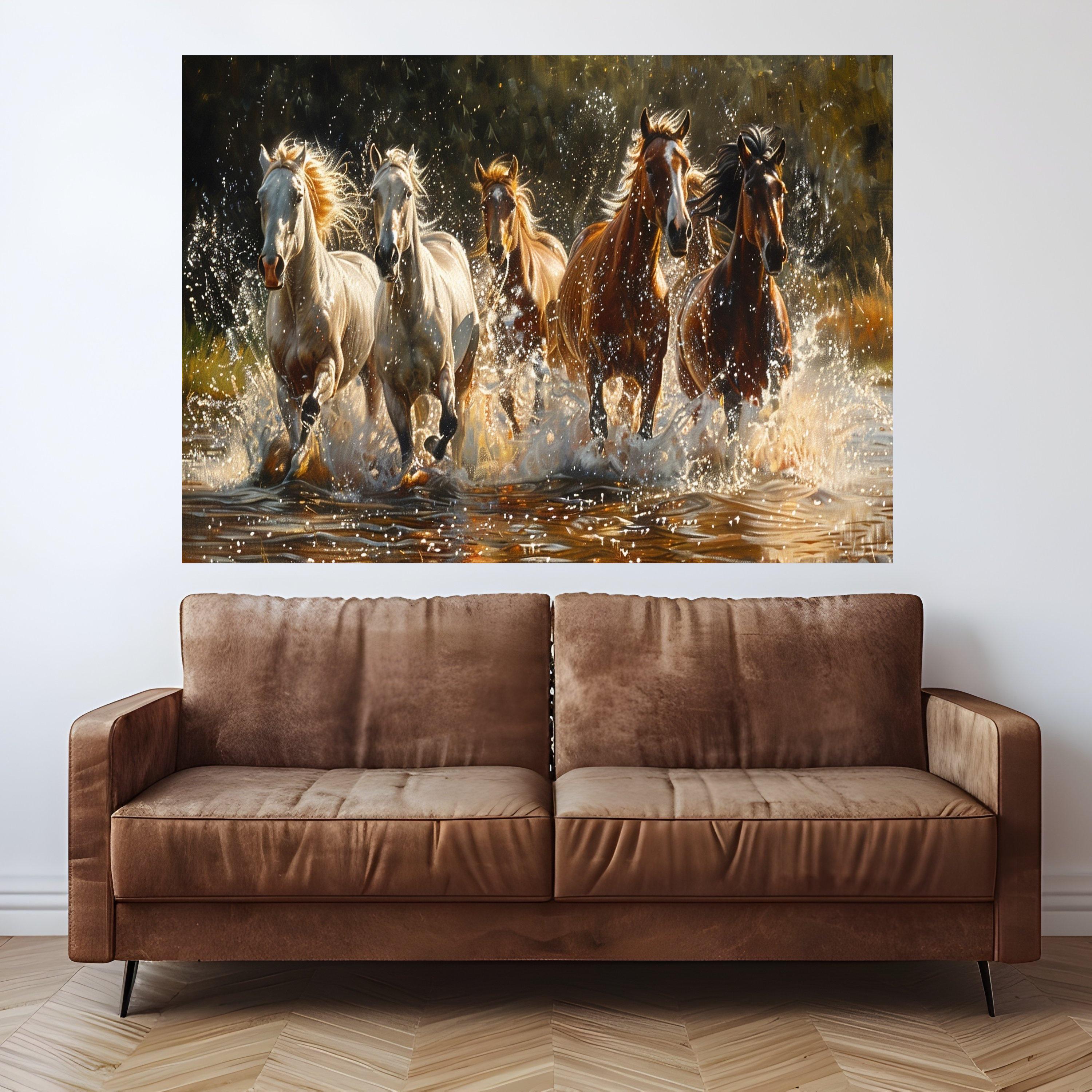 Galloping Horses in Water Splash, Wild Animal Canvas Wall Art, Dynamic Nature Scene, Equestrian Home Decoration Canvas