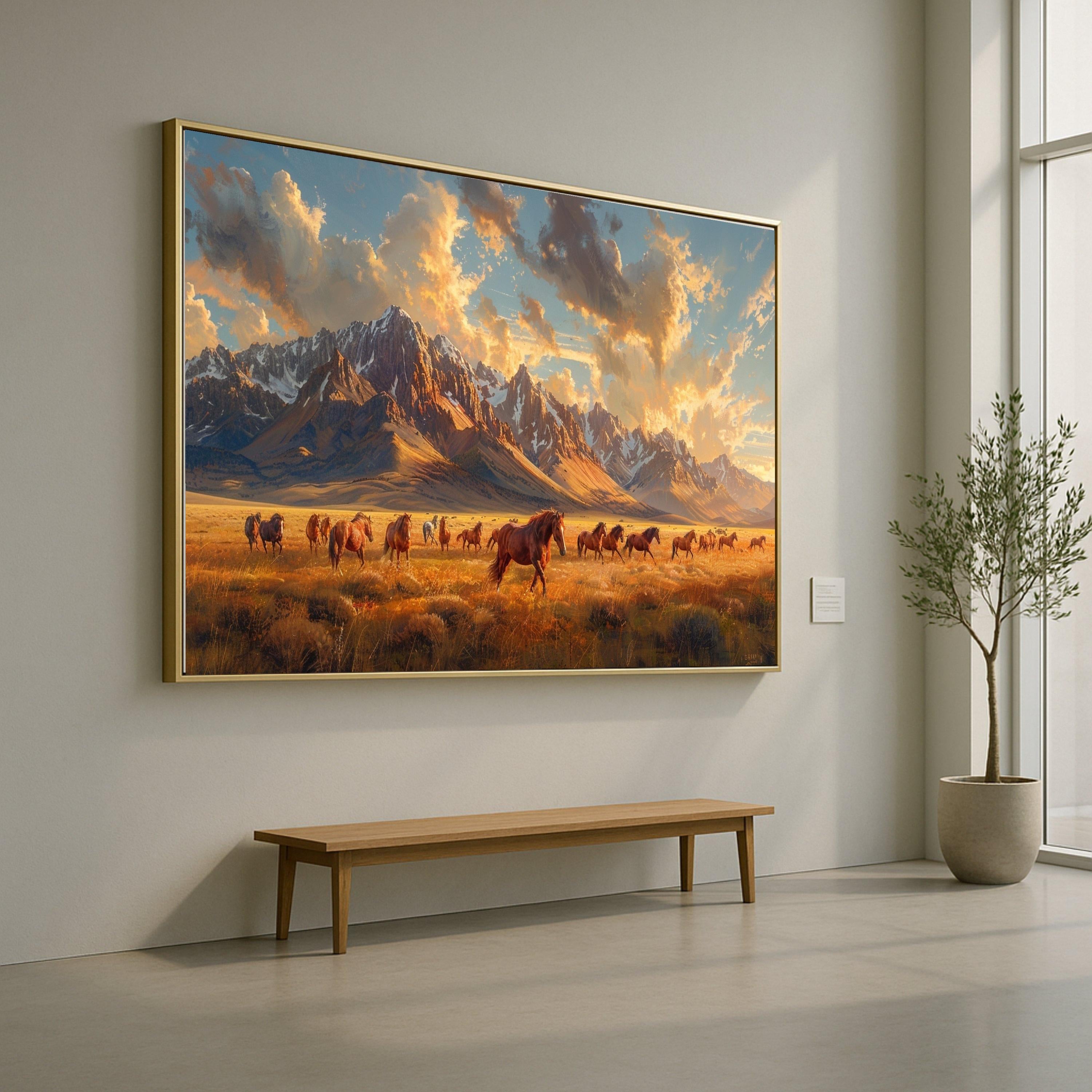 Majestic Wild Horses Galloping, Mountain Landscape Canvas, Sunset Prairie Wall Art, Scenic Nature Decoration, Rural Outdoors Canvas
