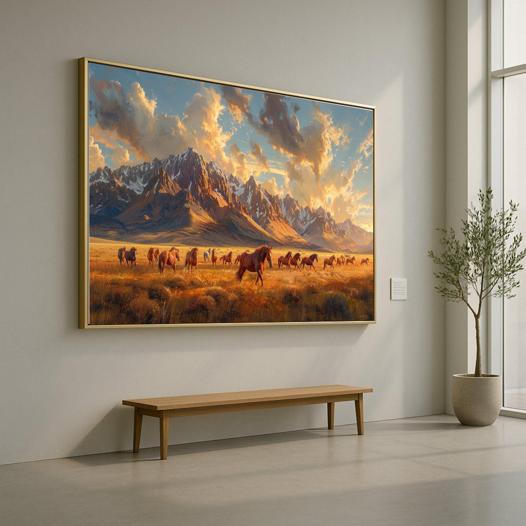 Wild Horses Running in Golden Meadow, Mountain Landscape Canvas, Sunset Sky Wall Art, Nature Scene Canvas, Rustic Home Decoration