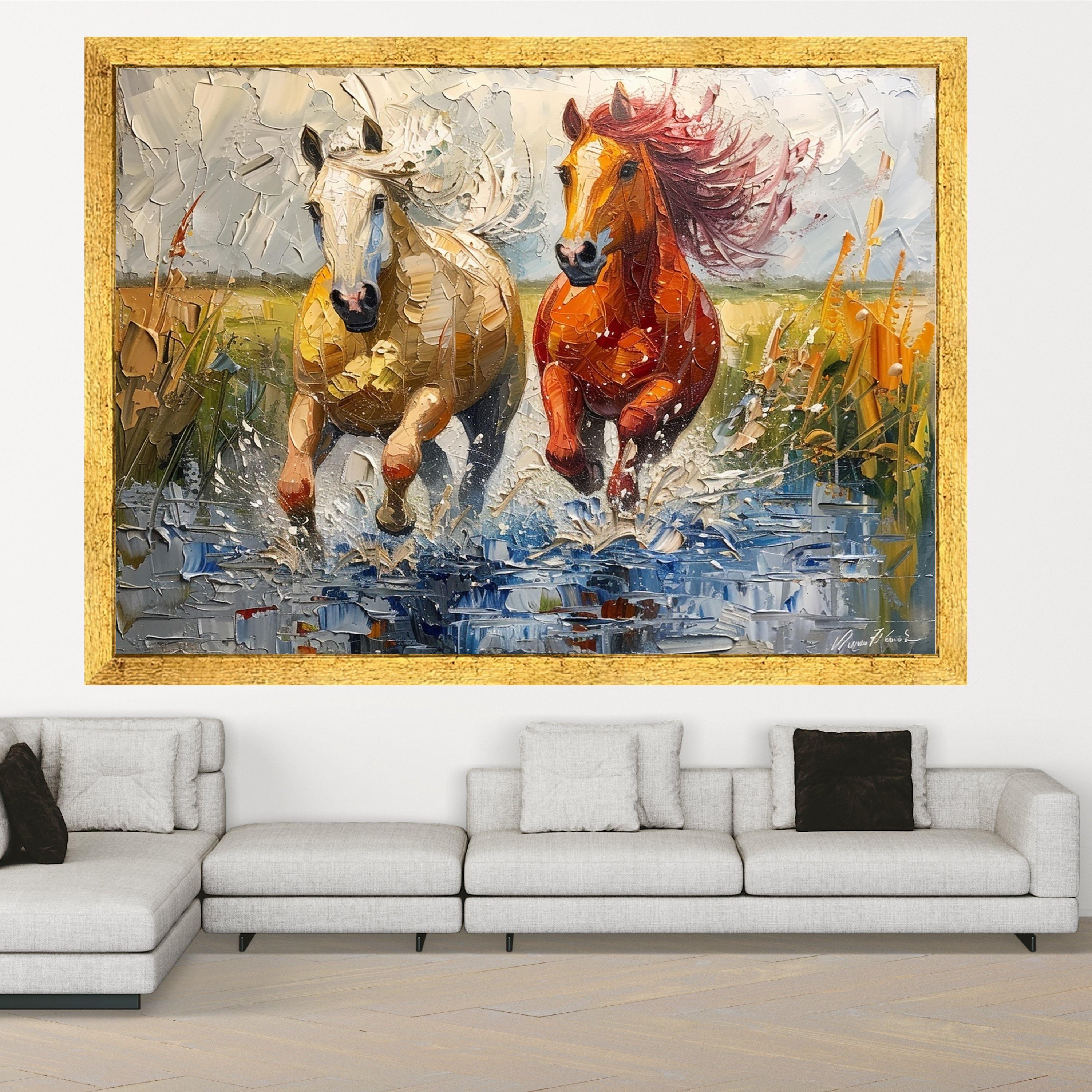 Running Horses Canvas Wall Art, Dynamic Animal Painting, Splashing Water Scene, Rustic Home Decoration, Nature Wildlife Canvas