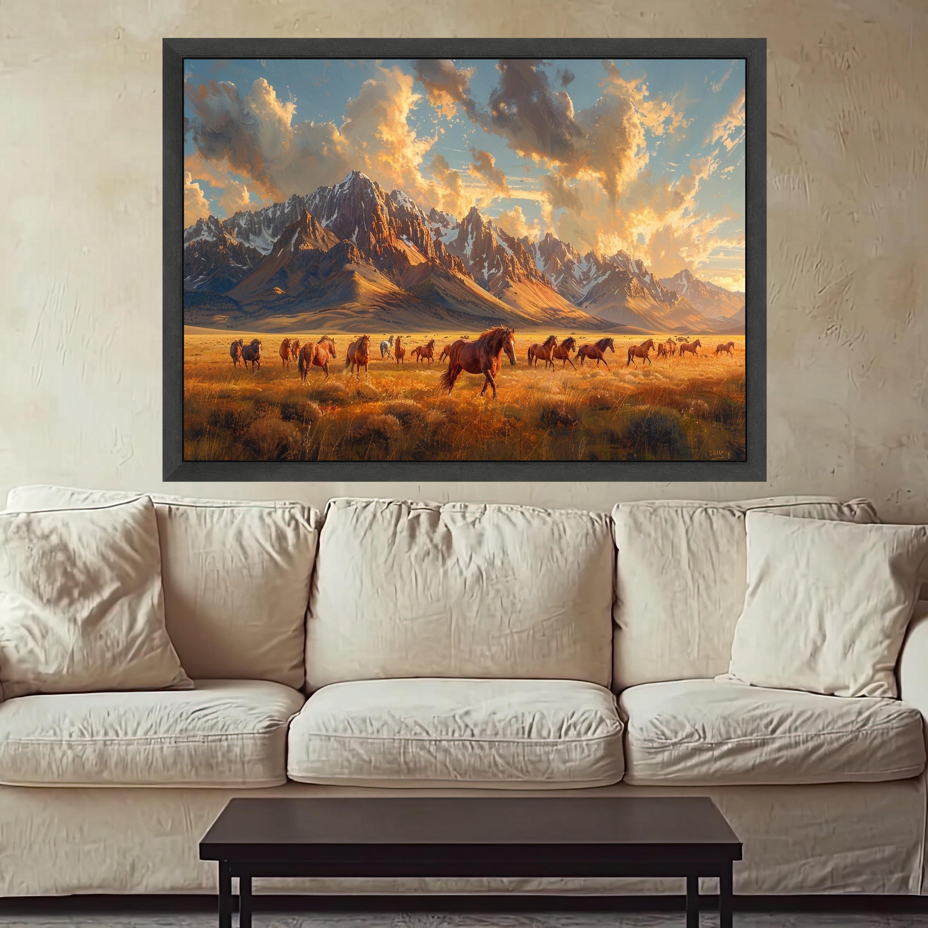 Majestic Wild Horses Galloping, Mountain Landscape Canvas, Sunset Prairie Wall Art, Scenic Nature Decoration, Rural Outdoors Canvas