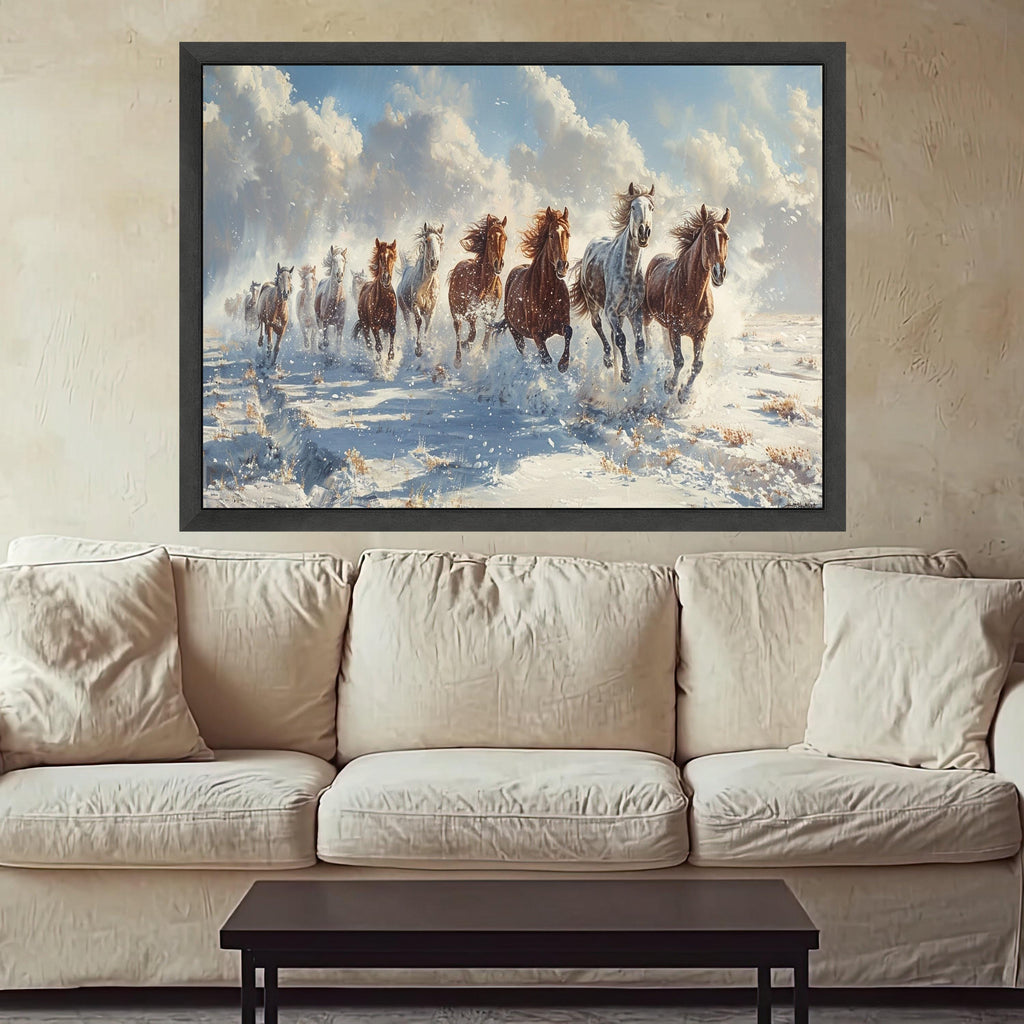 Wild Horses Running in Snow Canvas, Winter Landscape Wall Art, Nature Animal Scene Canvas, Dynamic Horse Print, Home Decor Artwork