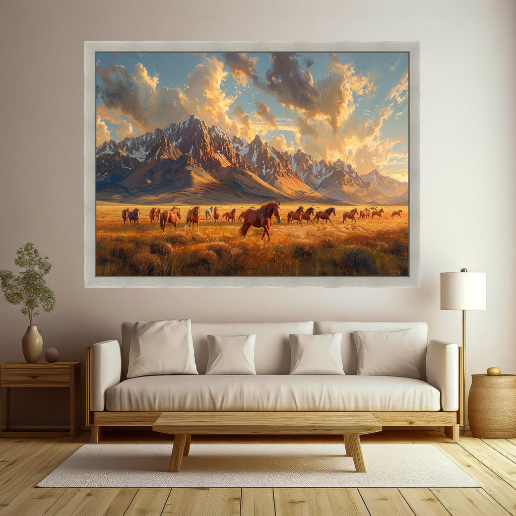 Wild Horses Running in Golden Meadow, Mountain Landscape Canvas, Sunset Sky Wall Art, Nature Scene Canvas, Rustic Home Decoration