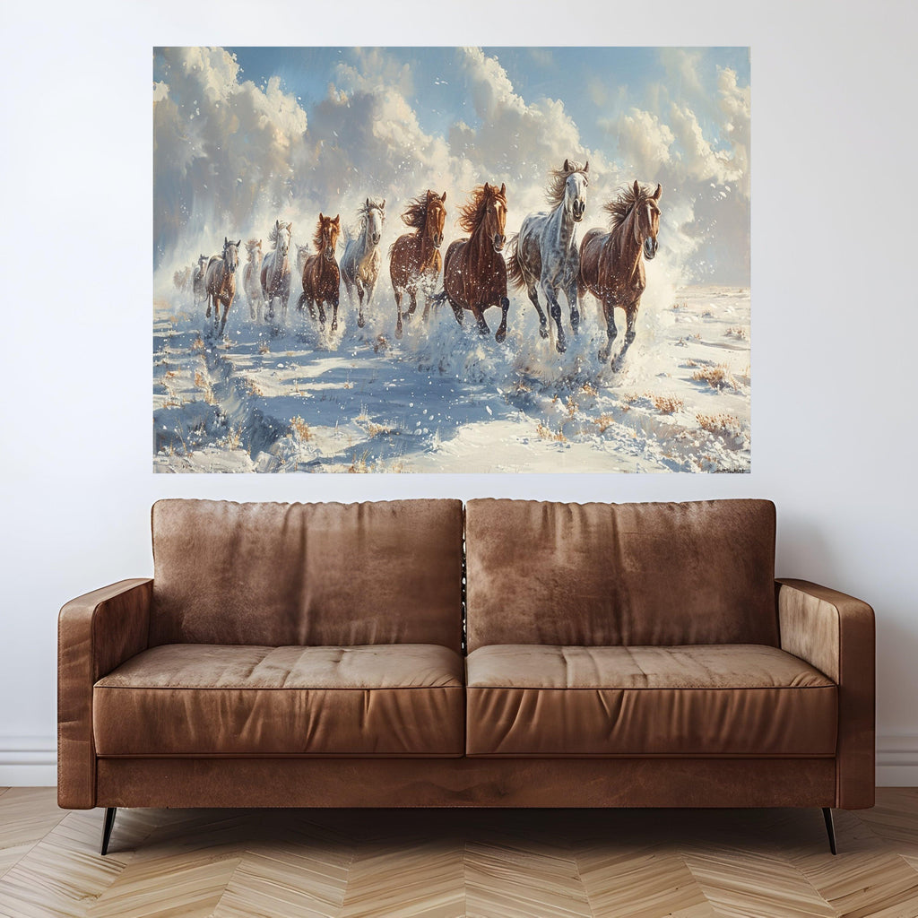 Wild Horses Running in Snow Canvas, Winter Landscape Wall Art, Nature Animal Scene Canvas, Dynamic Horse Print, Home Decor Artwork
