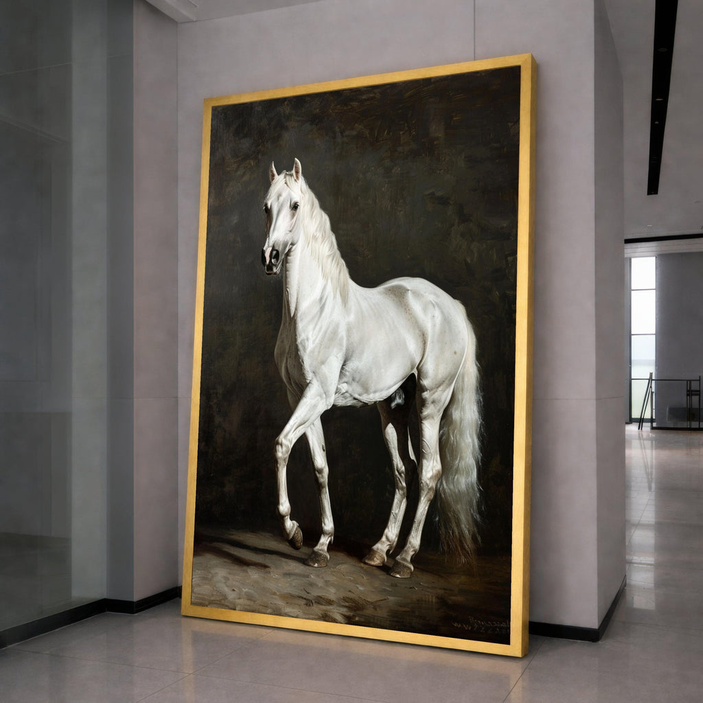 Majestic White Horse Canvas Art, Elegant Equine Wall Decor, Realistic Animal Portrait, Classic Horse Painting on Canvas, Home Living Room