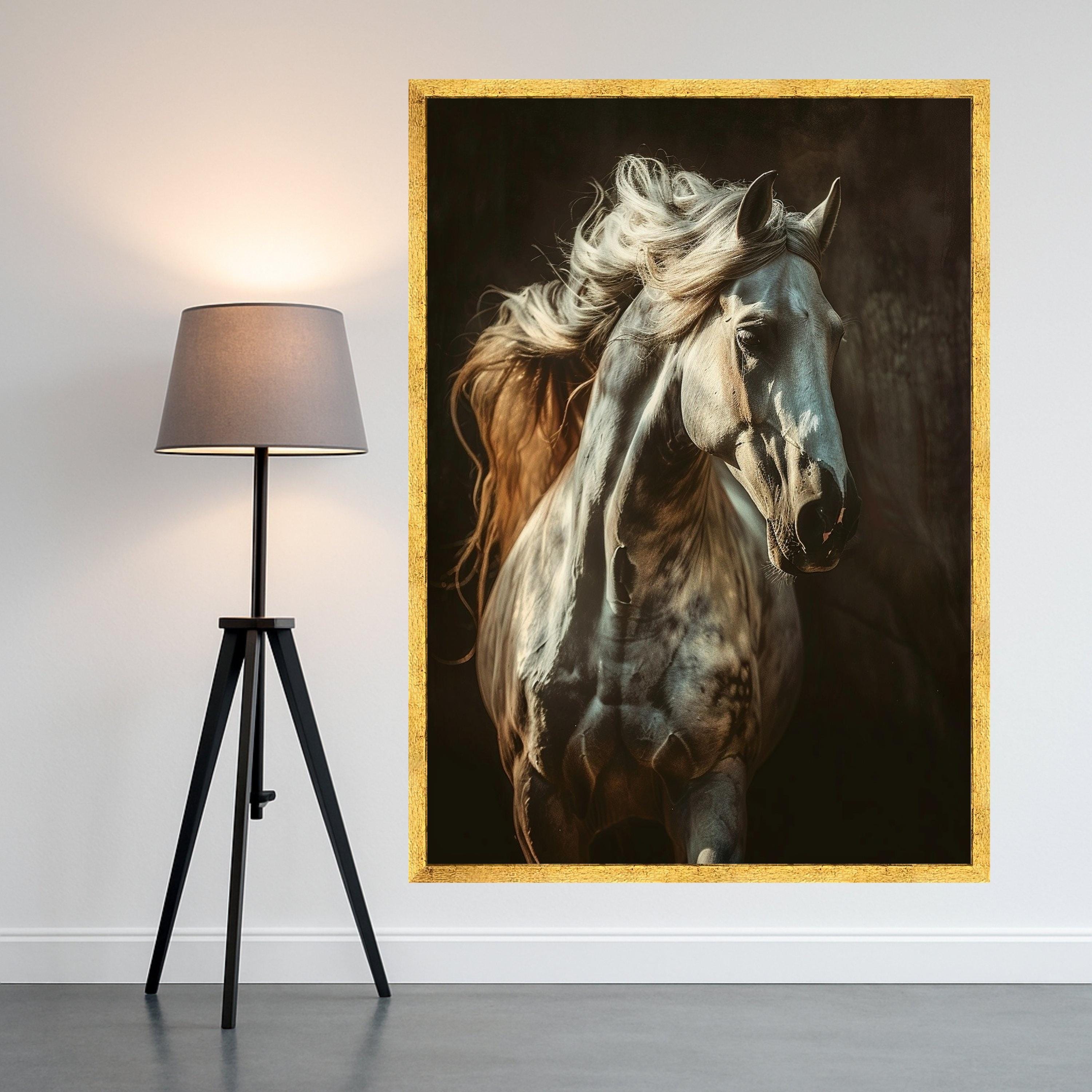Majestic White Horse Canvas, Running Horse Wall Art, Equestrian Home Decor, Animal Portrait Canvas, Dynamic Movement Artwork