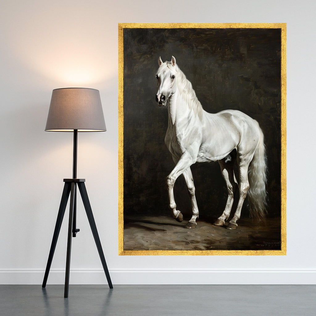 Majestic White Horse Canvas Art, Elegant Equine Wall Decor, Realistic Animal Portrait, Classic Horse Painting on Canvas, Home Living Room