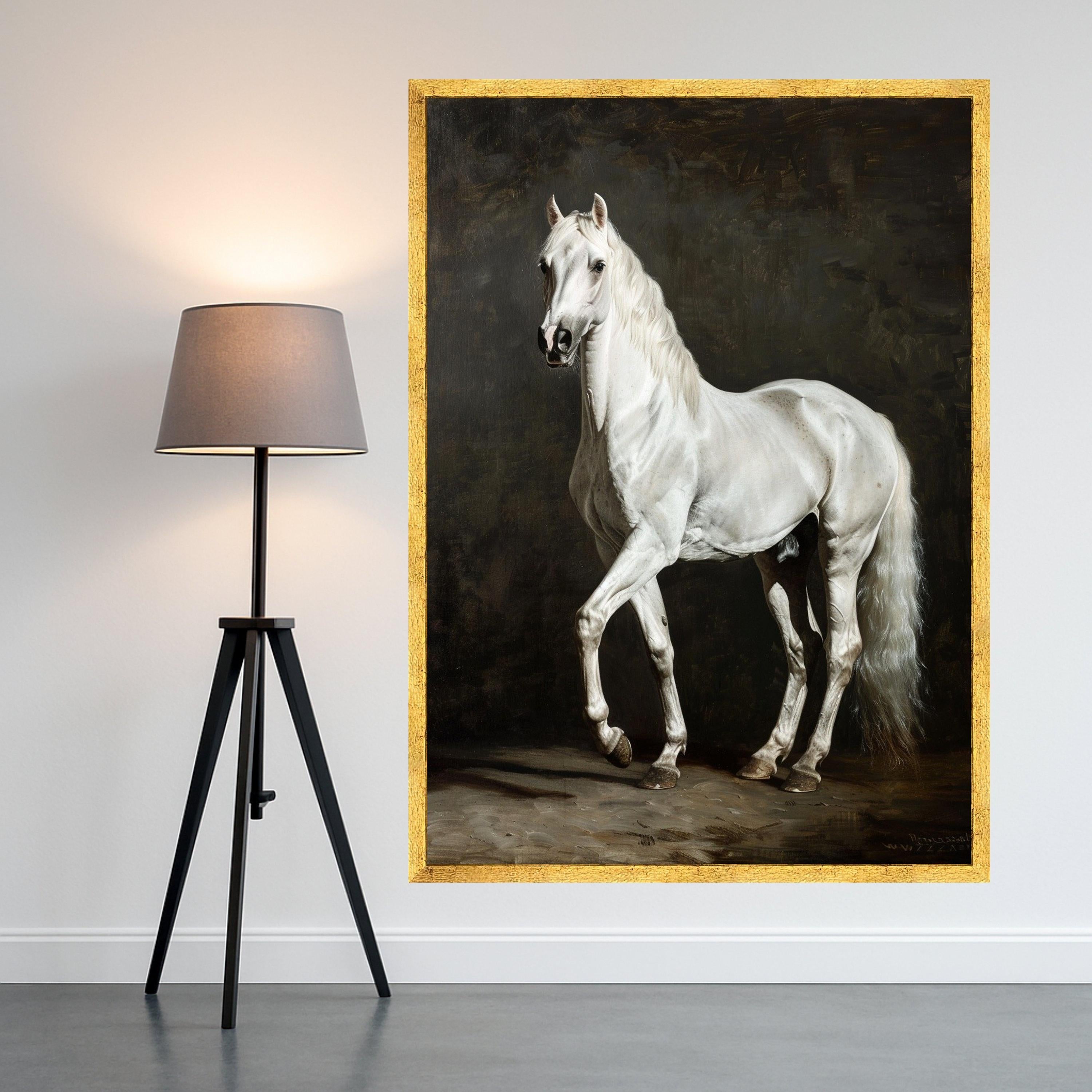 Majestic White Horse Canvas Art, Elegant Equine Wall Decor, Realistic Animal Portrait, Classic Horse Painting on Canvas, Home Living Room