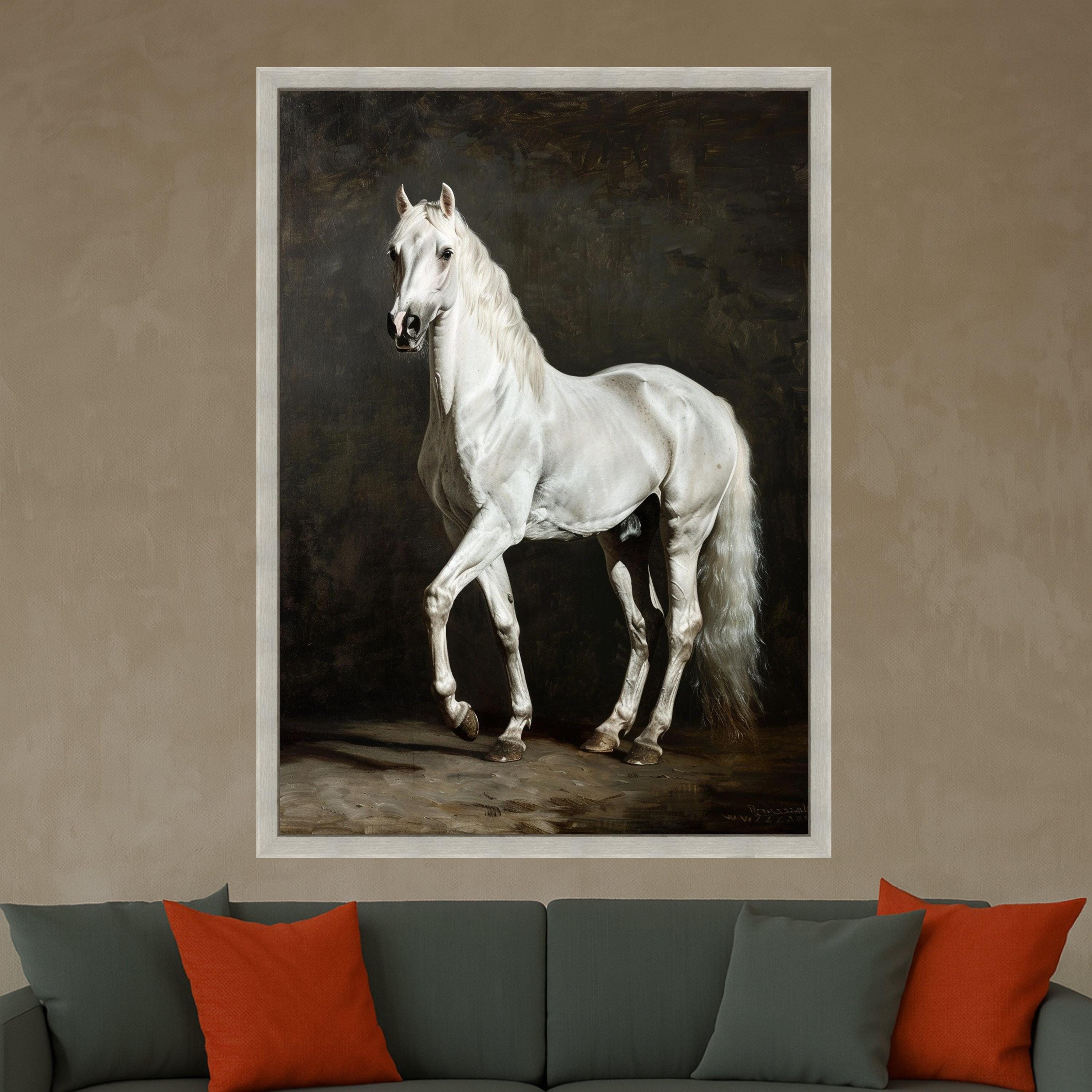 Majestic White Horse Canvas Art, Elegant Equine Wall Decor, Realistic Animal Portrait, Classic Horse Painting on Canvas, Home Living Room