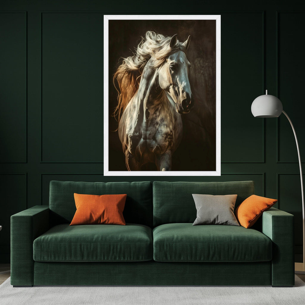 Majestic White Horse Canvas, Running Horse Wall Art, Equestrian Home Decor, Animal Portrait Canvas, Dynamic Movement Artwork