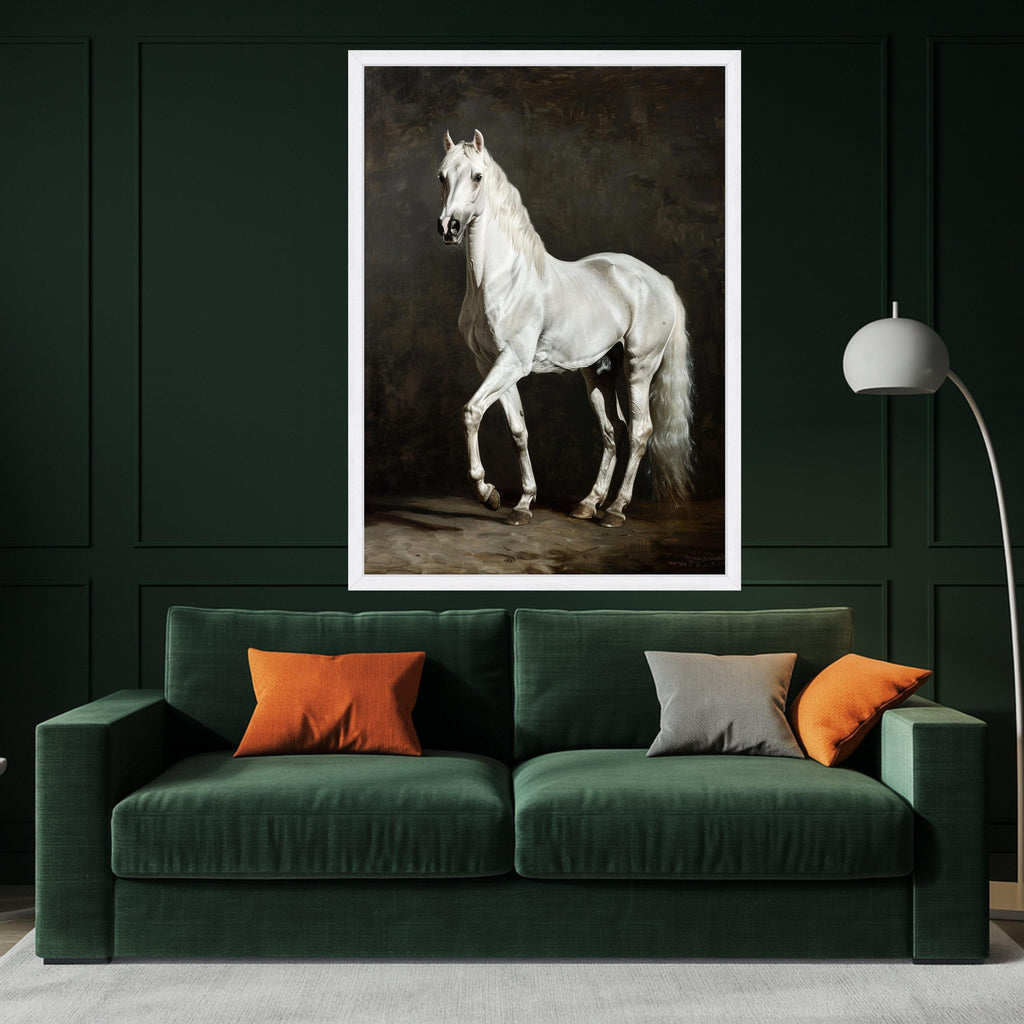Majestic White Horse Canvas Art, Elegant Equine Wall Decor, Realistic Animal Portrait, Classic Horse Painting on Canvas, Home Living Room
