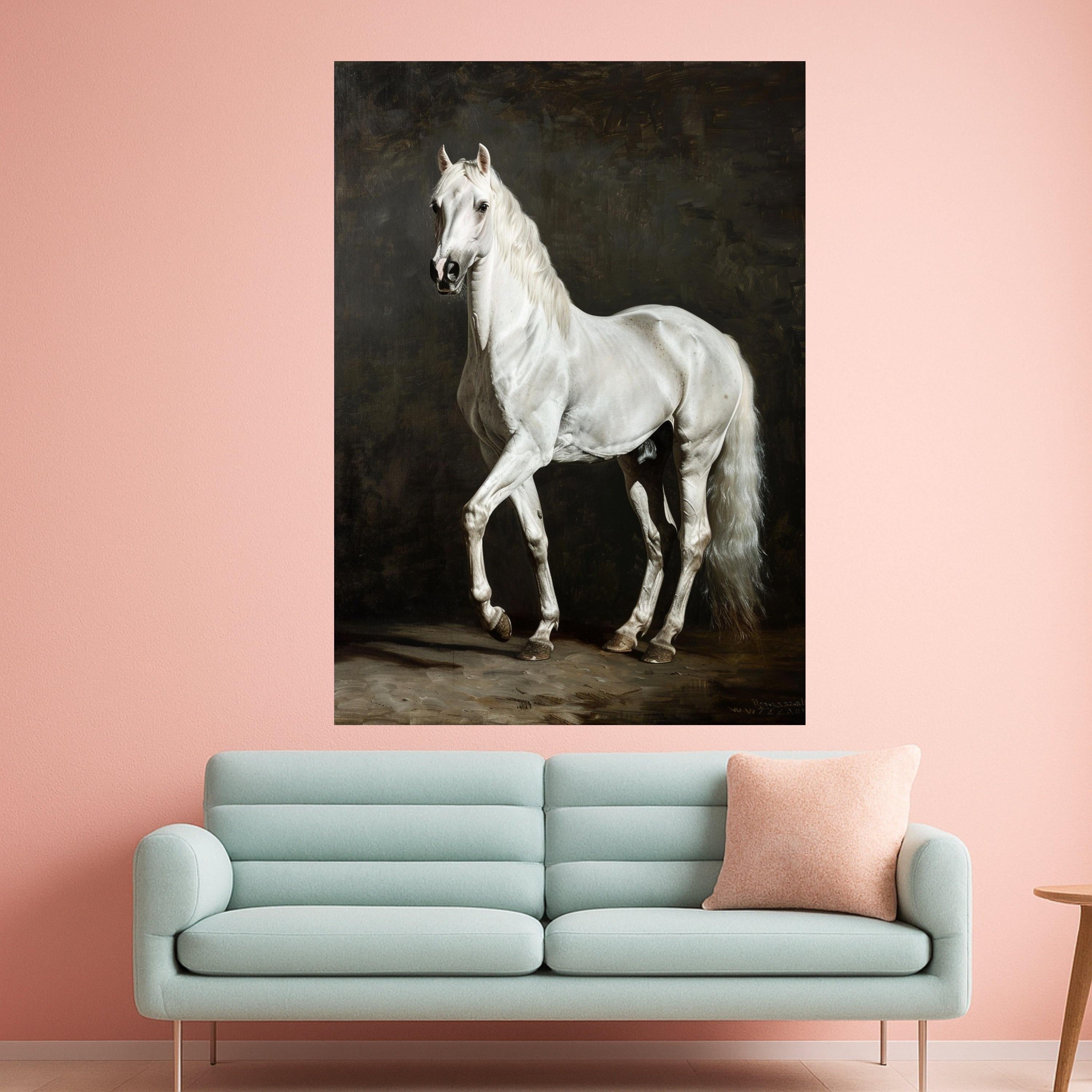 Majestic White Horse Canvas Art, Elegant Equine Wall Decor, Realistic Animal Portrait, Classic Horse Painting on Canvas, Home Living Room