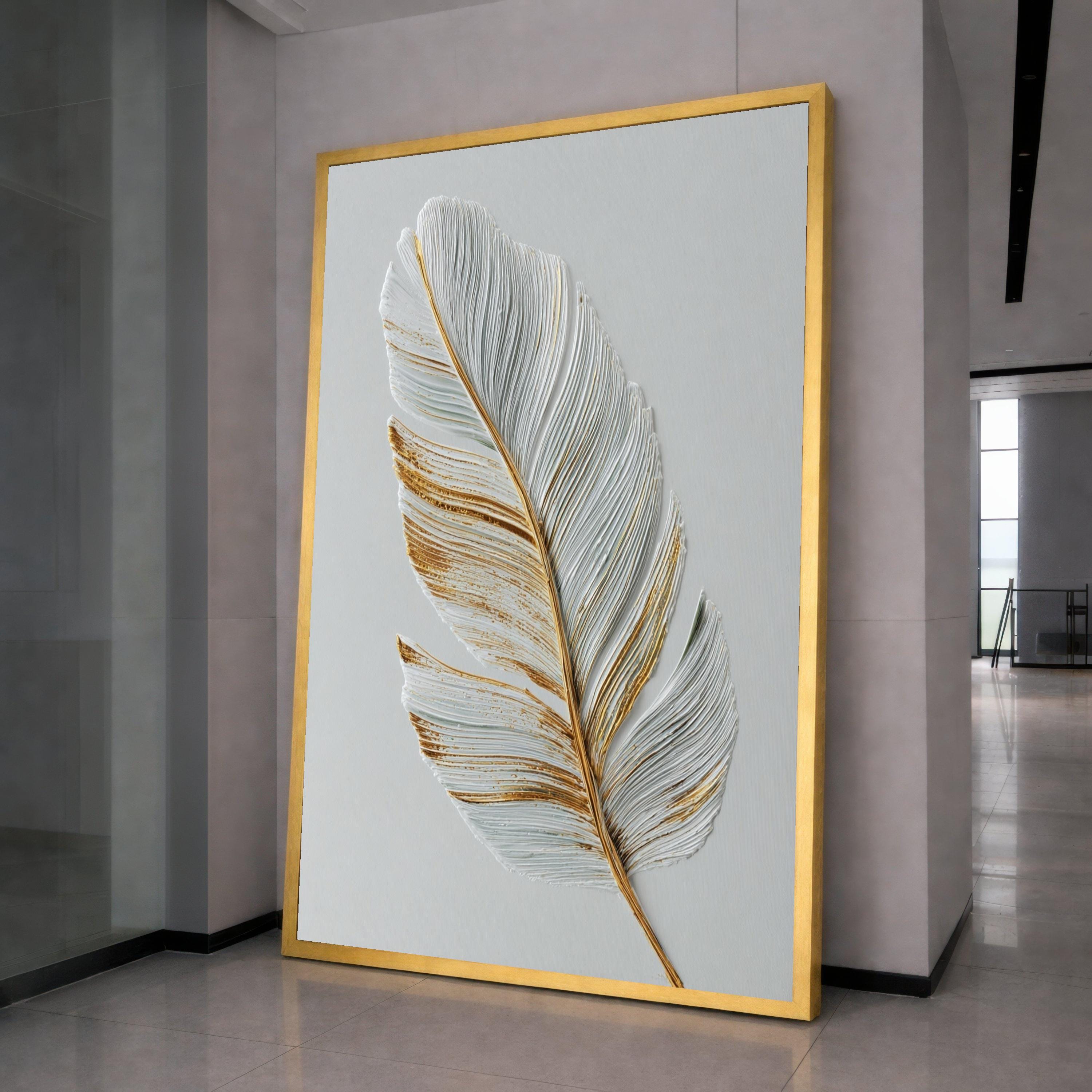 Elegant Feather Canvas Wall Art, Gold Accented White Feather Print, Minimalist Nature Canvas, Modern Home Decoration