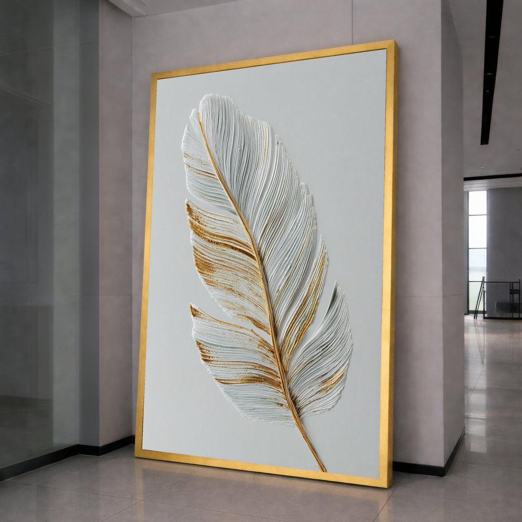 Elegant Feather Canvas Wall Art, Gold Accented White Feather Print, Minimalist Nature Canvas, Modern Home Decoration