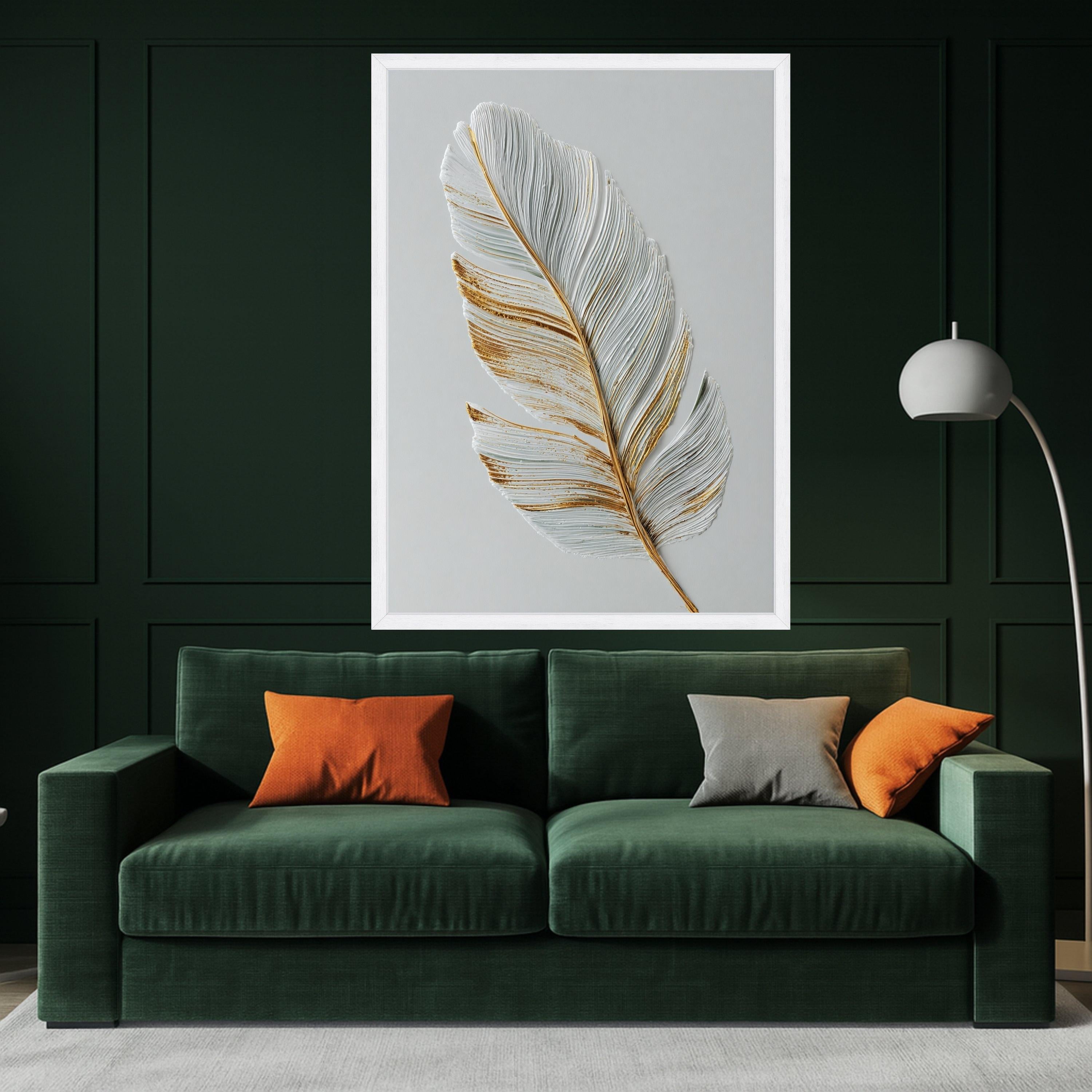 Elegant Feather Canvas Wall Art, Gold Accented White Feather Print, Minimalist Nature Canvas, Modern Home Decoration