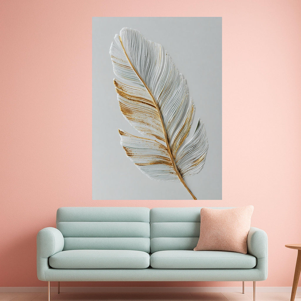 Elegant Feather Canvas Wall Art, Gold Accented White Feather Print, Minimalist Nature Canvas, Modern Home Decoration