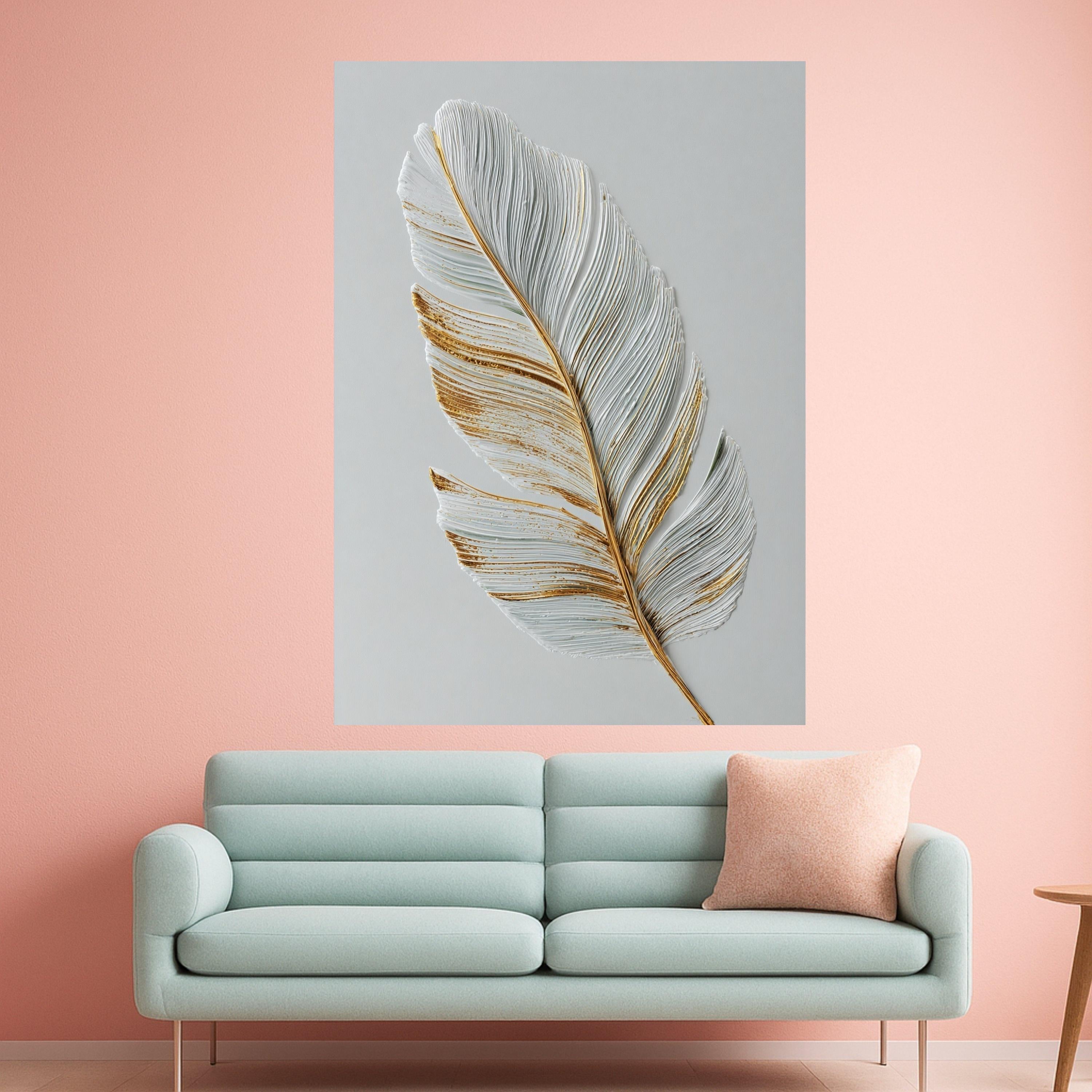 Elegant Feather Canvas Wall Art, Gold Accented White Feather Print, Minimalist Nature Canvas, Modern Home Decoration