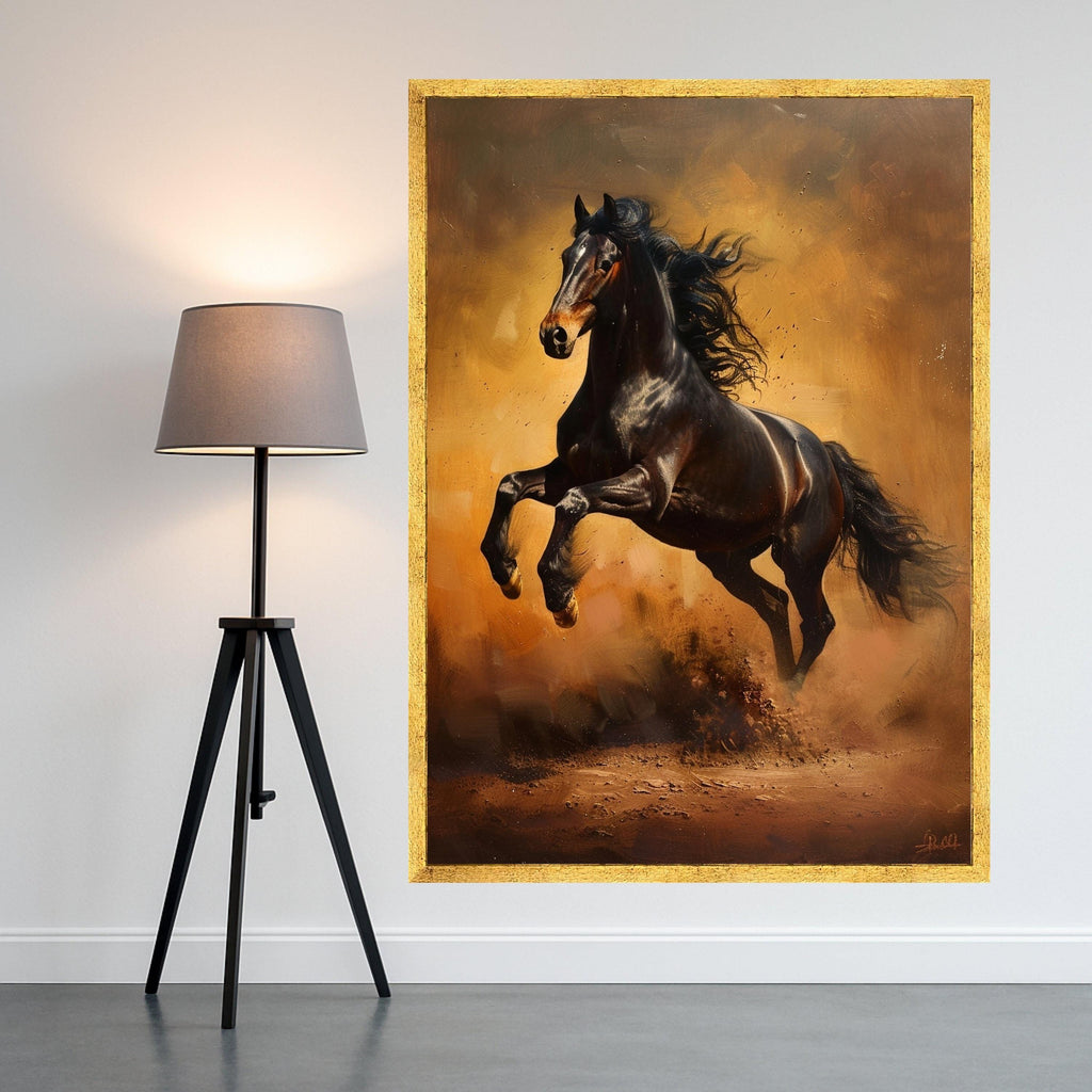 Majestic Black Stallion Canvas, Galloping Horse Wall Art, Wild Animal Decor, Equestrian Canvas Print, Rustic Home Decoration