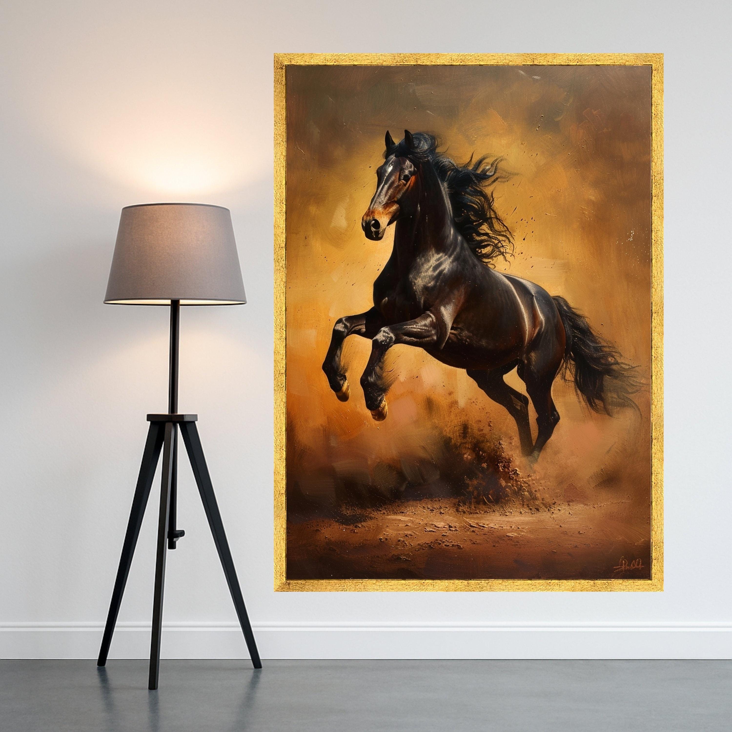 Majestic Black Stallion Canvas, Galloping Horse Wall Art, Wild Animal Decor, Equestrian Canvas Print, Rustic Home Decoration