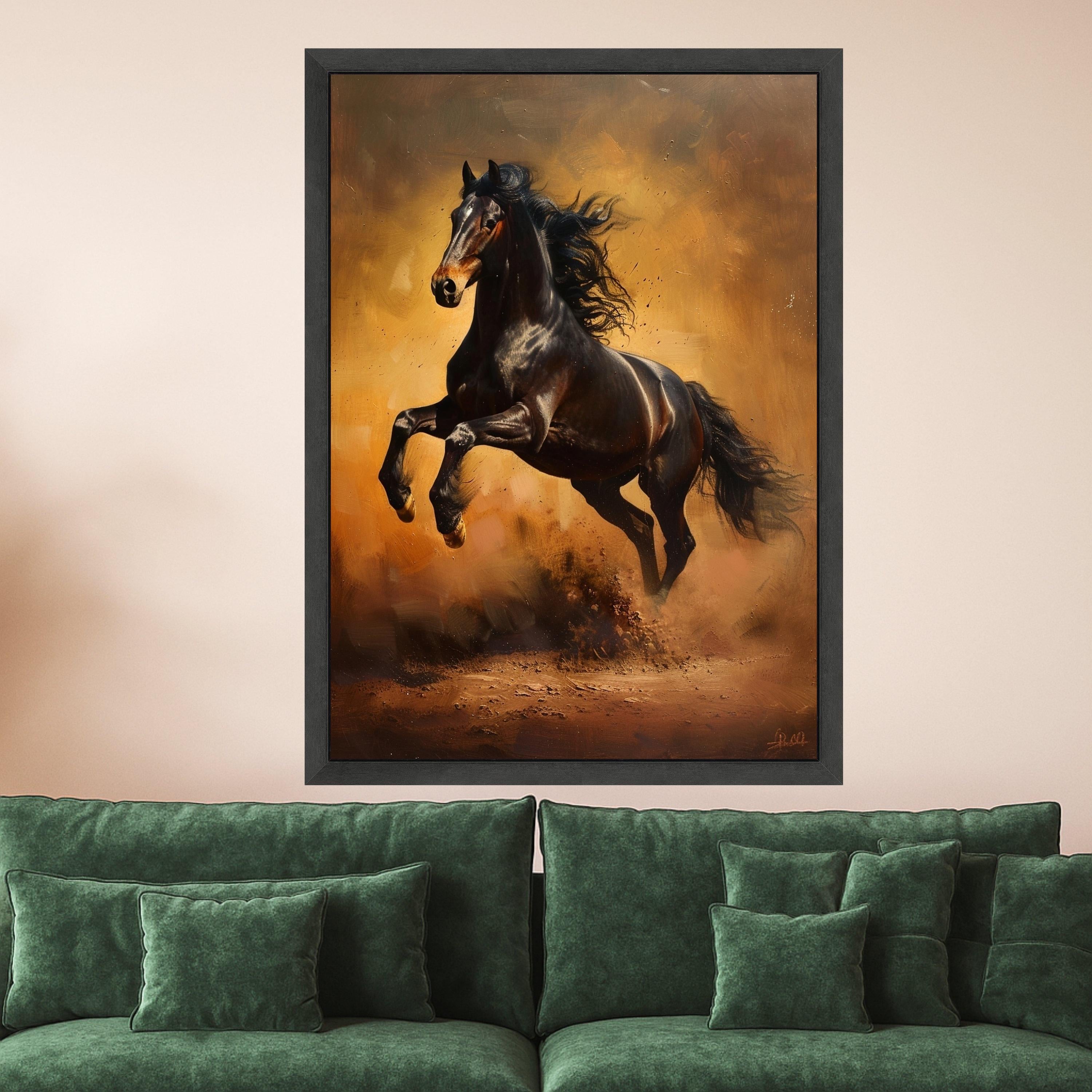 Majestic Black Stallion Canvas, Galloping Horse Wall Art, Wild Animal Decor, Equestrian Canvas Print, Rustic Home Decoration