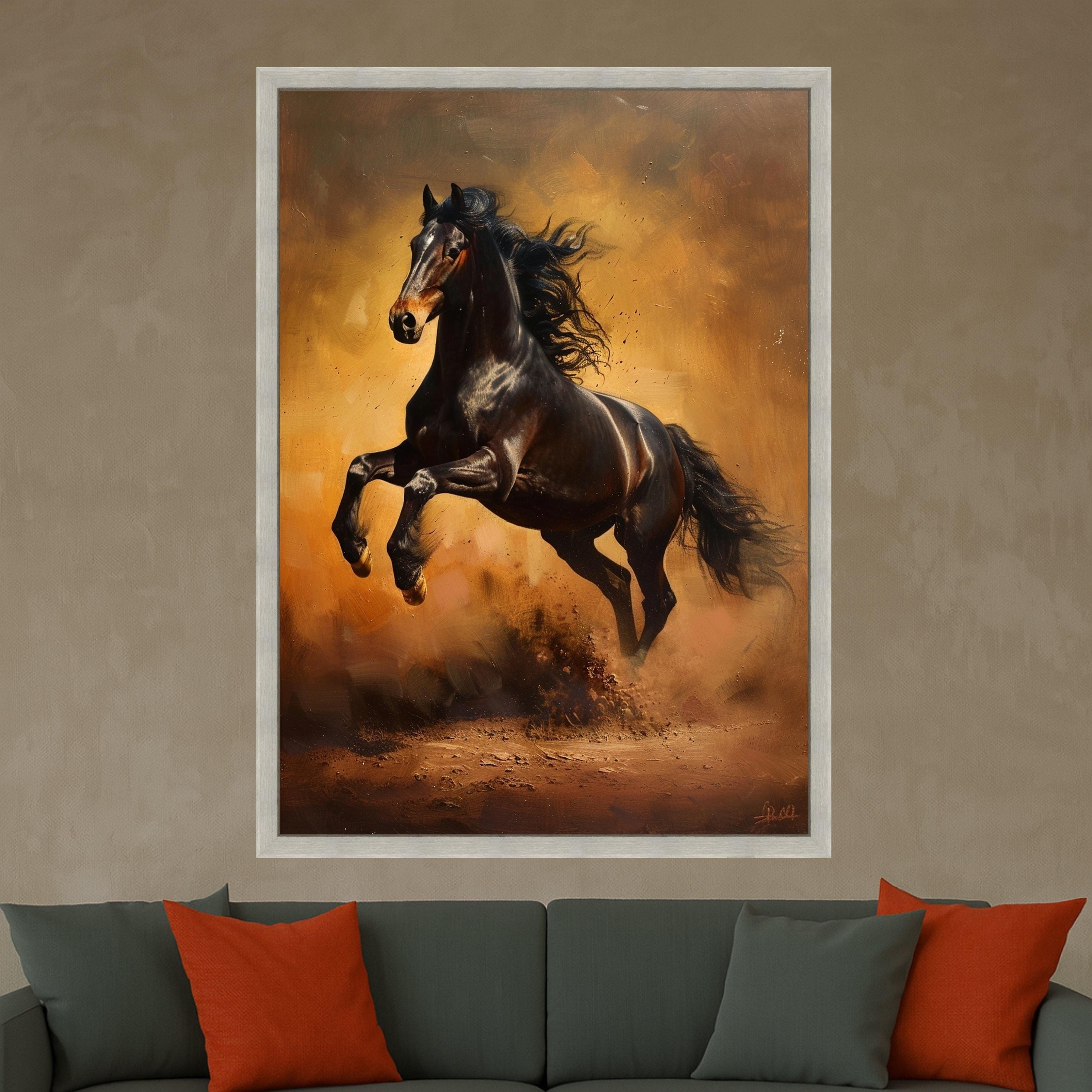 Majestic Black Stallion Canvas, Galloping Horse Wall Art, Wild Animal Decor, Equestrian Canvas Print, Rustic Home Decoration