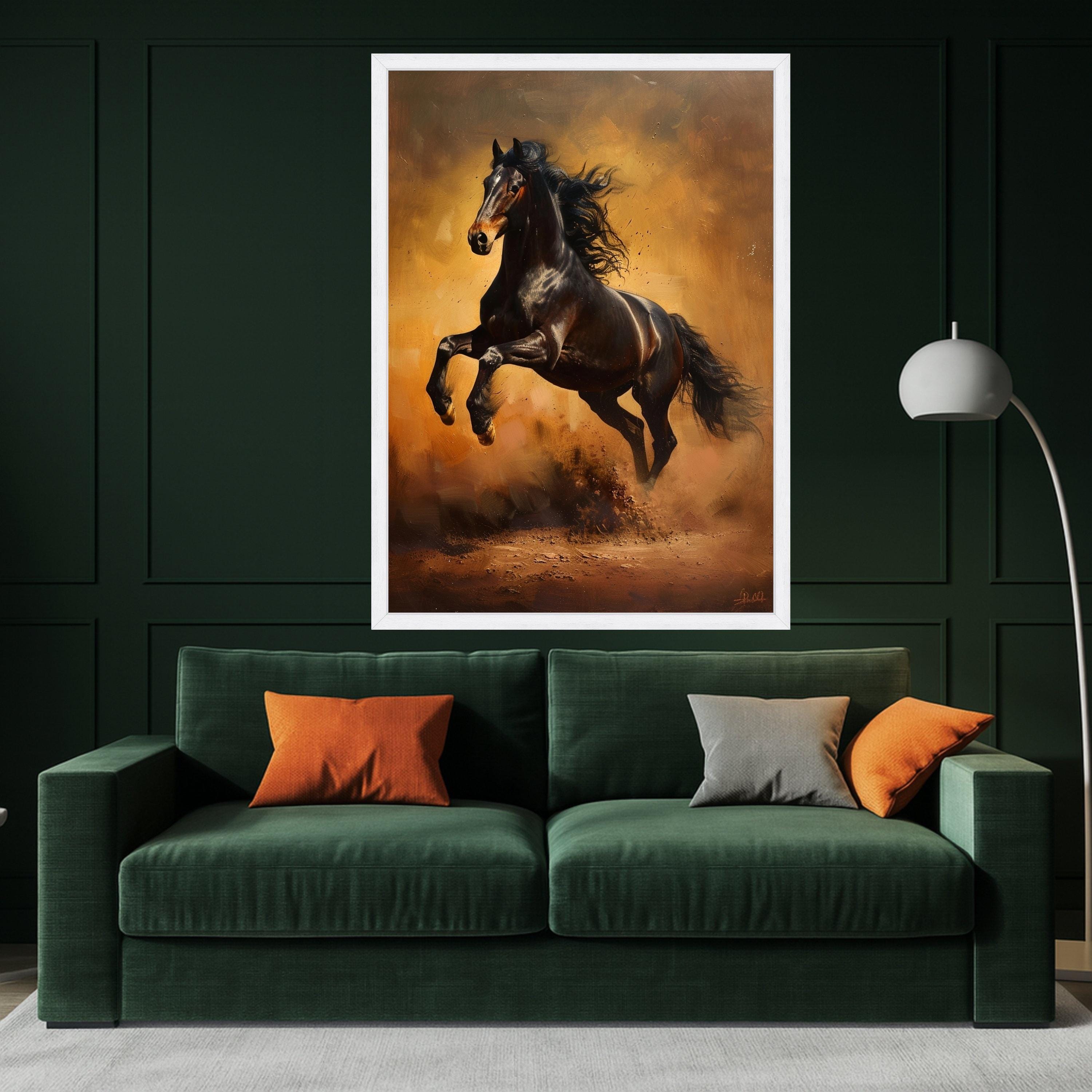 Majestic Black Stallion Canvas, Galloping Horse Wall Art, Wild Animal Decor, Equestrian Canvas Print, Rustic Home Decoration