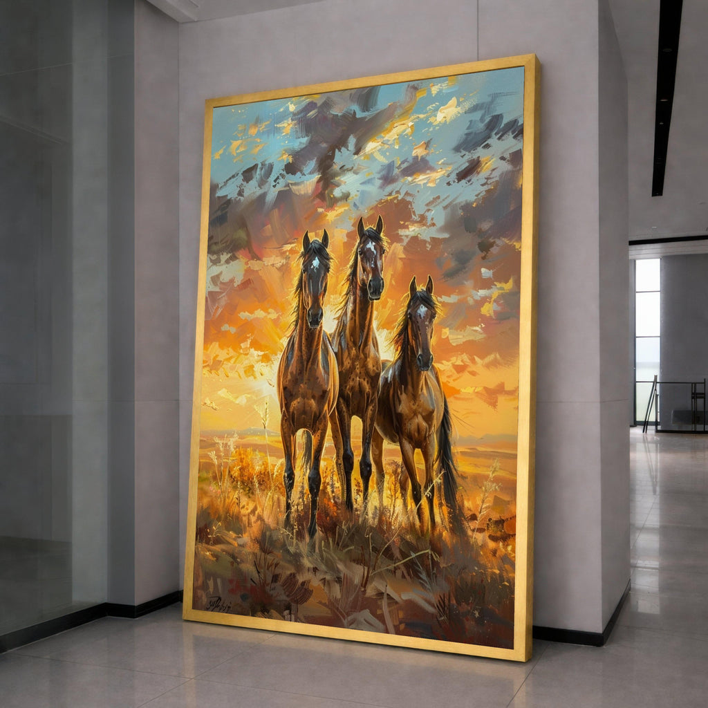 Majestic Running Horses Canvas Wall Art, Sunset Landscape Painting, Wild Stallions Home Decor, Nature Animal Canvas, Ready to Hang Canvas