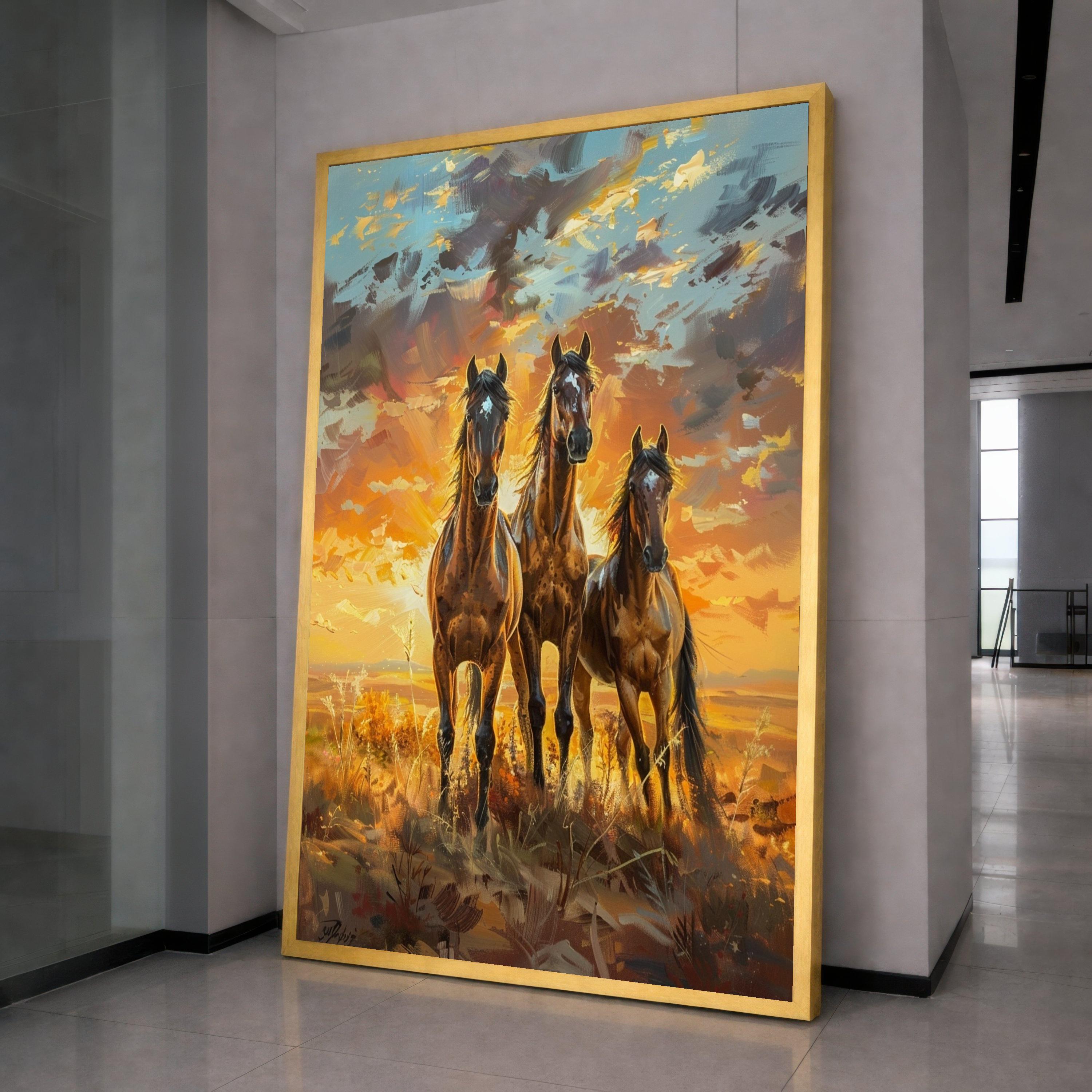 Majestic Running Horses Canvas Wall Art, Sunset Landscape Painting, Wild Stallions Home Decor, Nature Animal Canvas, Ready to Hang Canvas
